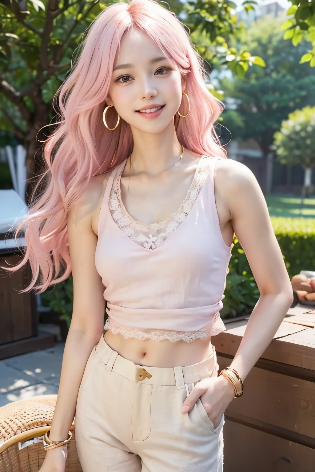 (8K, top-quality, masterpiece:1.2), (realistic, Photorealistic:1.37), Super Detail, One girl, (Highly detailed), (beautifully detailed eyes), (of the highest quality), (super detailed), (masterpiece), (Detailed face), 20yr old, 1 girl, (pink hair, long hair), medium breasts, clothed, Perfect Lighting, BREAK, (light pink tank top:1.5), (white lace detail:1.3), (beige linen pants:1.5), (relaxed silhouette:1.2), (round-cut hem:1.2), (white canvas sneakers:1.4), (natural brown wooden bead bracelet:1.3), (gold small hoop earrings:1.3), (spring barbecue theme:1.2), (pastel colors:1.2), (floral and check patterns:1.2), (casual style:1.2), BREAK, (wavy long pink hair:1.3), (smiling:1.2), (looking slightly to the side:1.2), (hand on hip:1.2), (spring park background:1.2), (soft natural light:1.2), (upper body to knees:1.2), (casual barbecue scene:1.2)

