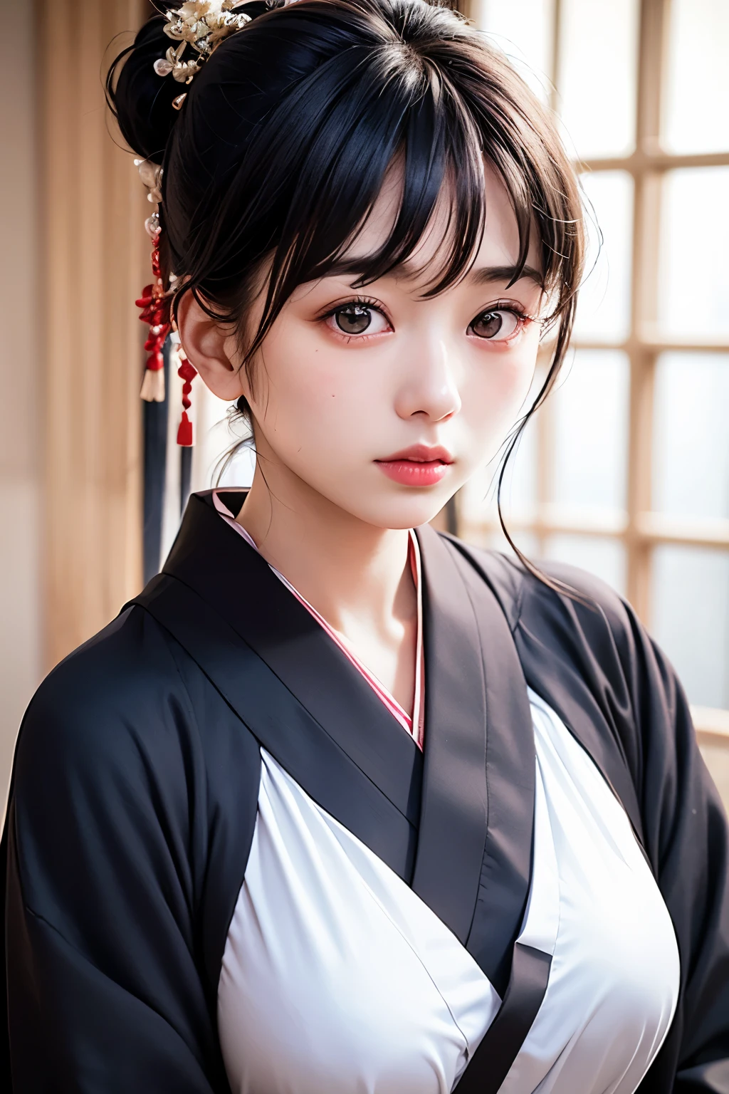(1 nogizaka girl,raw photo,photo realistic:1.5),(best quality, high quality,HDR, highest quality,ultra high resolution,high resolution,high res,ultra high difinition,huge file size,8K,2K wallpaper,8K wallpaper,high quality texture,amazing,an extremely delicate:1.4),one girl, Japanese famous idol,beautiful face,small face,absurd,ridiculous,incredibly ridiculous,portrait,breasts close up,blurry background,(kimono,cleavage,no makeup:1.2),medium skin,beautiful skin,detailed skin,small head,black hair,silky hair,(Japanese eyes,almond eyes:1.5),detailed eyes,black eyes,Japanese idol eyes,Japanese nose,5-fingers,(eyebrow:-0.5),(Light Particles, Lens Flare, Luminous Particles: 0.7),looking at viewer,bright lighting,professional lighting,girl