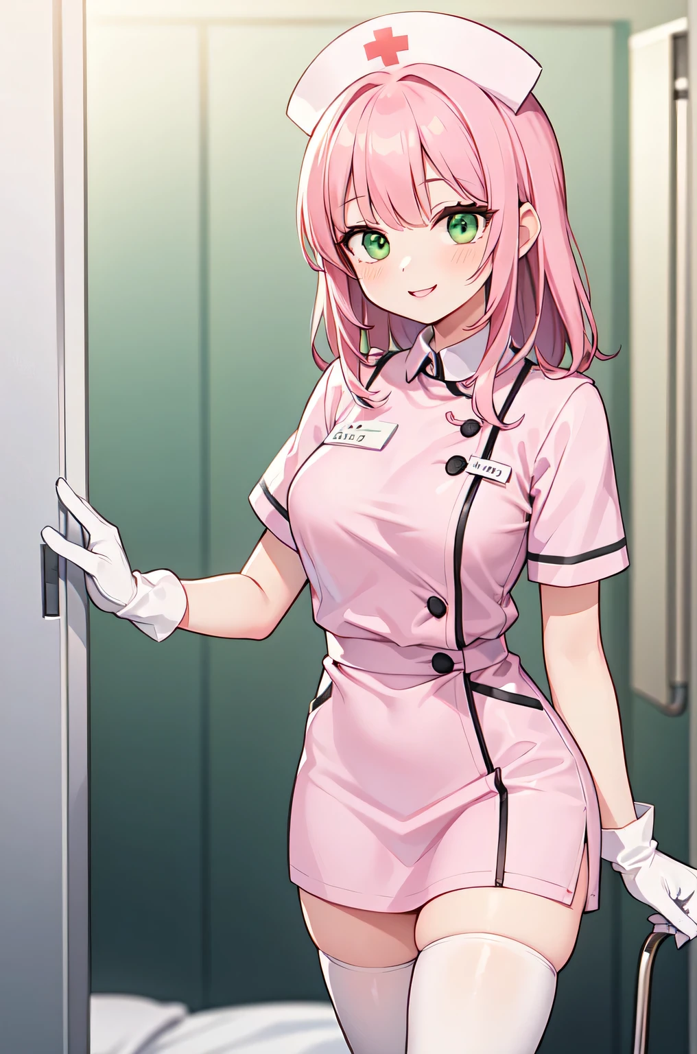 1woman, solo, nurse, white nurse cap, white nurse uniform, ((white legwear, zettai ryouiki)), white gloves, pink hair, green eyes, drooping eyes, pink lips, smile, standing, ((hospital room)), sharp outline, short sleeves, mature female, 32 years old, best quality, masterpiece