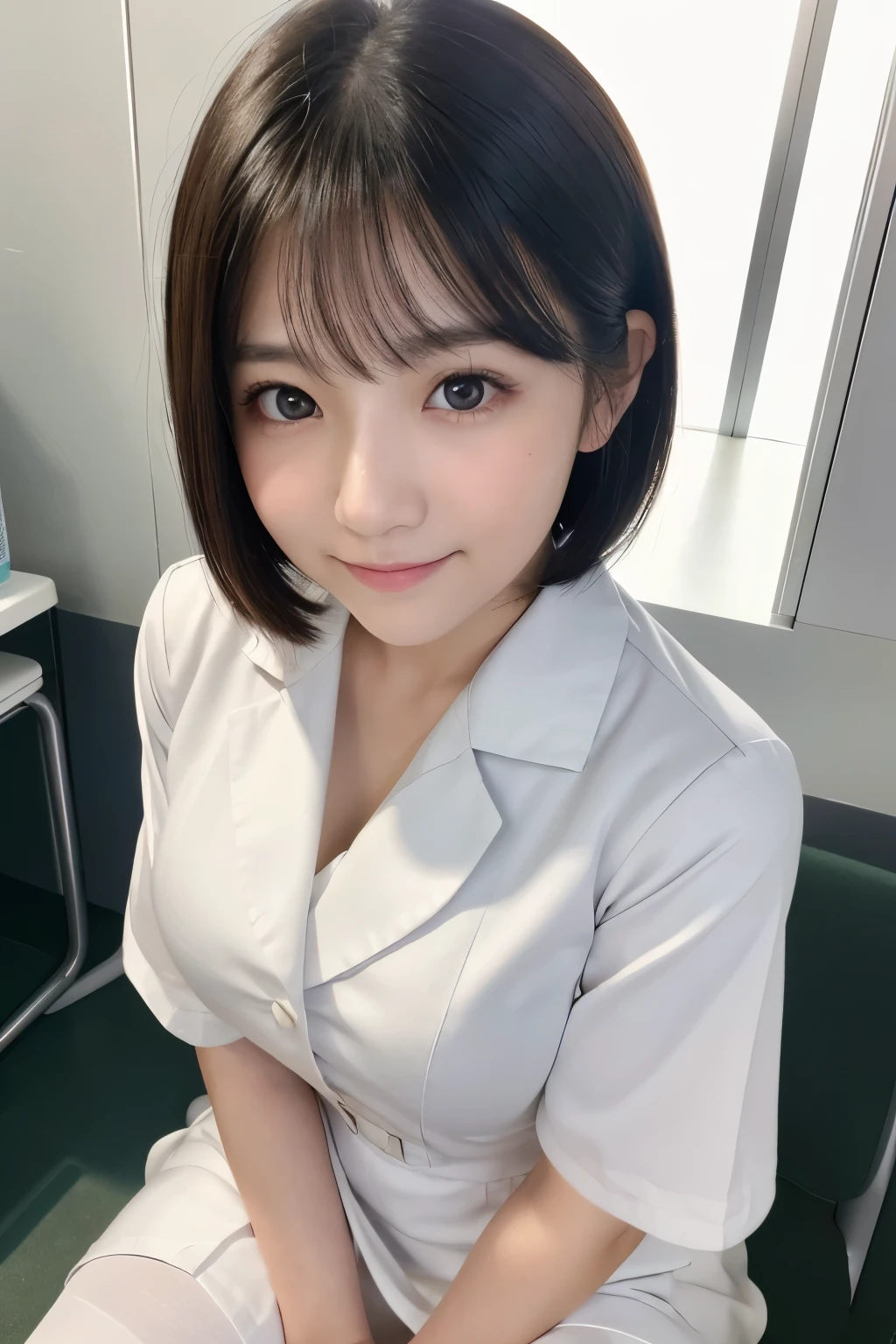 (1 Girl)、(Beautiful Japanese、18years old,round face、Refreshing、clear、seems kind、stylish、Pitiful、cute like an angel、cute、black eyes、,actress,Almond-shaped eyes), Good style , (Beautiful :1.2),(soft breasts),(ve),(Black hair),(short bob hair),(enchanting eyes),(highlight on eyes:1.2)、(8K、Live shooting、highest quality、masterpiece:1.2、optimal lighting)、((masterpiece)),(Photo taken by a professional photographer),(real、photo real:1.4),break,{ (White nurse costume),(((taraditional nurse uniform))),(White nurse mini skirt),((White pantyhose)),(cleav.7)},(Smile),are red:1.2), break, break,Hospital,Face shot:1.3、Examination room、Looking at viewer, face close-up,Dynamic angle