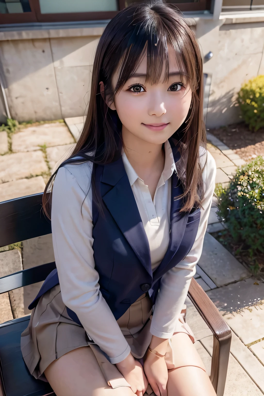 best quality, facial focus, soft light, (depth of field), ultra high res, (photorealistic: 1.4), RAW photo, (sideways) 1Japanese girl, solo, handsome, (shy, smile: 1.1), (brown eyes), detailed beautiful face, (long hair), (seated chair), (school uniform: 1.4, navy skirt, navy Blazer), pet shop,
