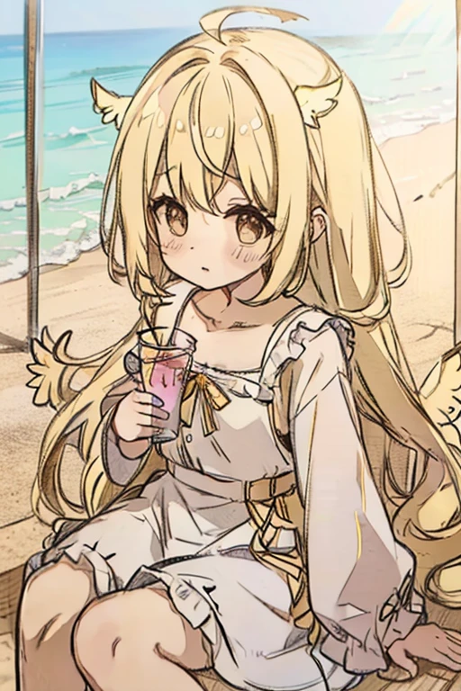 A blonde haired female angel in a cute yellow lolita dress with hazel eyes and golden wings is drinking a slushie at the beach