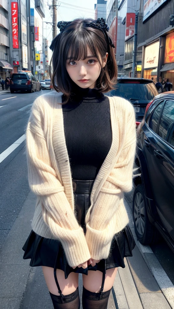 muste piece, best quality, illustration, Super detailed, fine details, High resolution, 8K,wall paper, perfect dynamic composition,(Details High quality, realistic depiction of eyes:1.3), short hair, (wavy hair:1.2), Gorgeous and stylish black fluffy latest trend Tokyo winter clothes, Pea coat, wool sweater, A-line skirt, Layered Cut, black hair color, Big Natural Color Lip, sexy pose, crying a little、cold gaze, Harajuku style、20 year old girl、cute type、lolita, hposing Gravure Idol, full body photo、focus on crotch, huge breasts