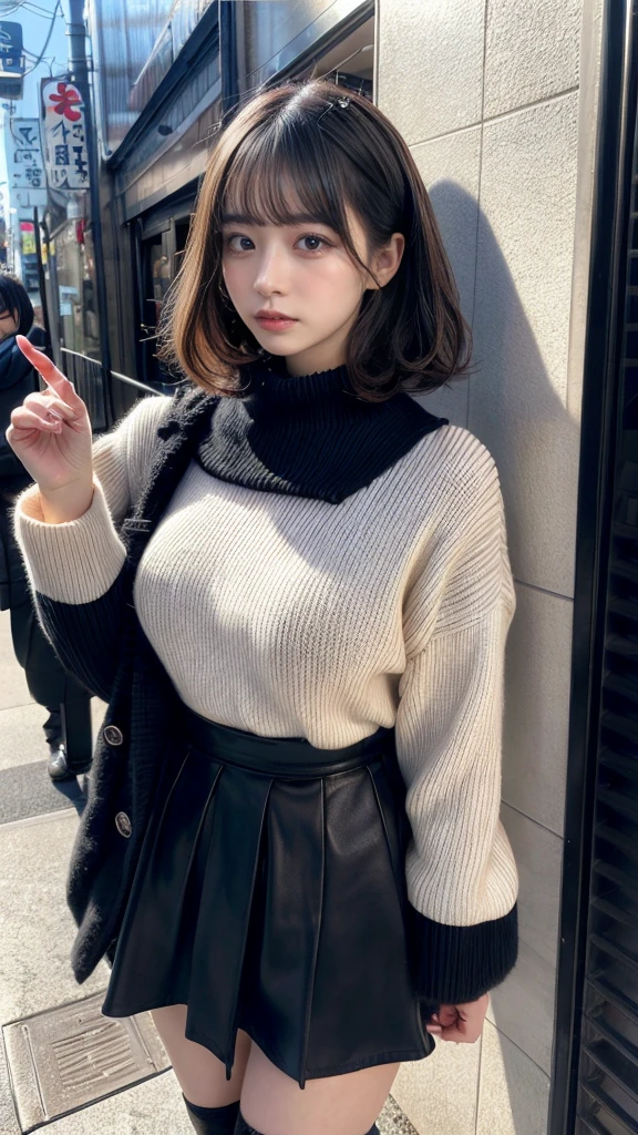 muste piece, best quality, illustration, Super detailed, fine details, High resolution, 8K,wall paper, perfect dynamic composition,(Details High quality, realistic depiction of eyes:1.3), short hair, (wavy hair:1.2), Gorgeous and stylish black fluffy latest trend Tokyo winter clothes, Pea coat, wool sweater, A-line skirt, Layered Cut, black hair color, Big Natural Color Lip, sexy pose, crying a little、cold gaze, Harajuku style、20 year old girl、cute type、lolita, hposing Gravure Idol, full body photo、focus on crotch, huge breasts