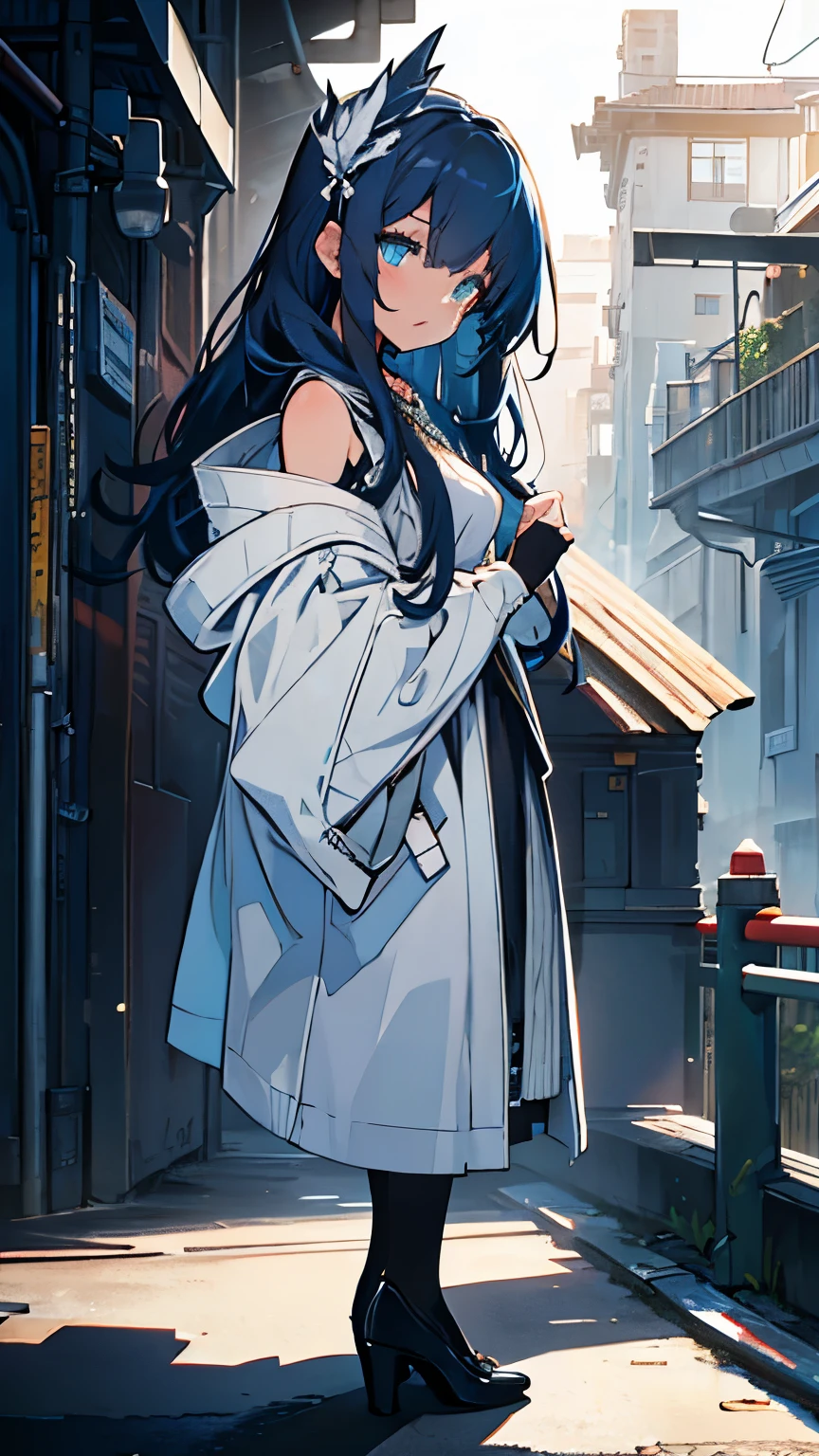 (QUALITY:0)
8k, 8k wallpaper, (an extremely delicate and beautiful:1.1), (beautiful detailed eyes:1.3), (best illustration:1.1), (best quality:1.3), (best shadow:1.1), (cinematic lighting:1.2), detailed eyes, (detailed_light:1.1), (dreamy:1.1), (extremely detailed CG unity 8k wallpaper:1.1), highres, (masterpiece:1.3), official_art, ray tracing, (stylized:1.3), trending on artstation, (ultra_detailed:1.2)
(STYLE & COMPOSITION:0)
1girl, (from_side, full_body:1.4), solo
(POSE & EXPRESSION:0)
blush, head_tilt, legs_apart, lips_apart, looking_at_viewer, standing, unamused
(CHARACTER:0)
Blue_eyes, dark_blue_hair, dark_blue_long_hair, (dualtone_hair,blue_outer, black_inner), silk_white_pantyhose, white_stockings, white_socks, bare_shoulders, white_shirt, white_skirt, breasts_apart, blouse, white_blouse, fluffy_blouse, white_robe, ornate_robe, robe, collarbone, high_heels, lips, long_sleeves, makeup, plaid_skirt, high_waist_skirt, shiny_hair, shrug_\(clothing\), (small_breasts:1.3), very_long_hair
(BACKGROUND:0)
(TEXTUAL INVERSION:0)