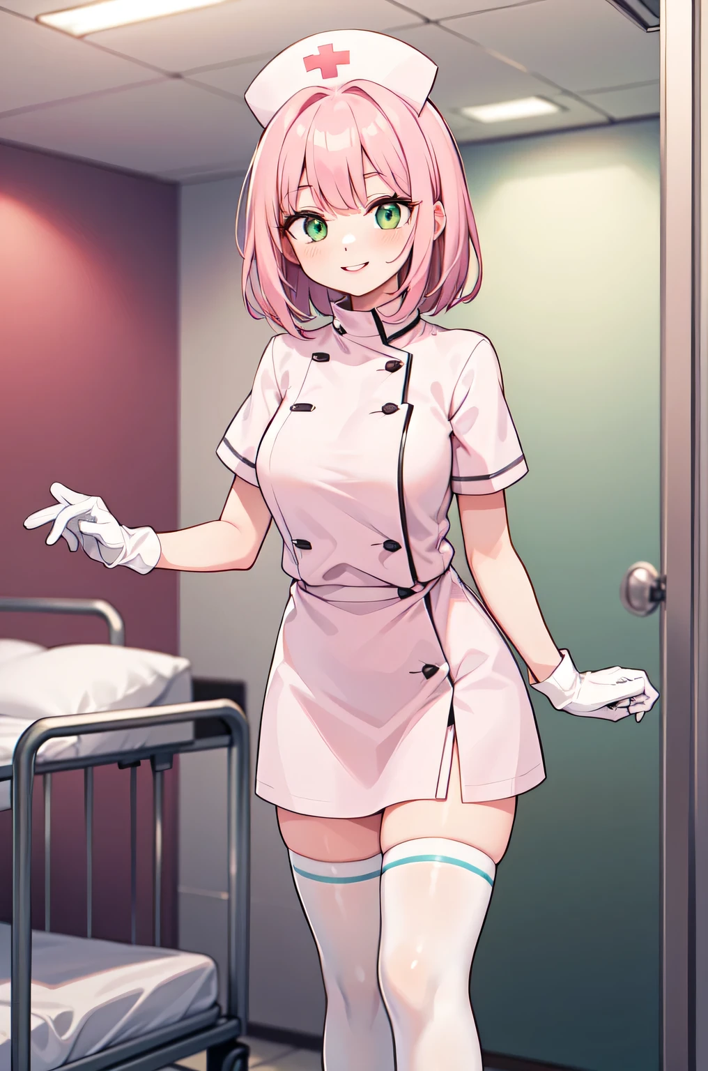 1woman, solo, nurse, white nurse cap, white nurse uniform, ((white legwear, zettai ryouiki)), white gloves, pink hair, green eyes, drooping eyes, pink lips, smile, standing, ((hospital room)), sharp outline, short sleeves, mature female, 32 years old, best quality, masterpiece