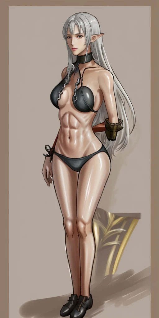 (Selvaria Bles (Valkyria Chronicles) LoRA) ((1girl)) full body, standing, grey skin, drow, elf, mature, detailed happy face, purple eyes, white hair, black bikini, abs, big knockers, golden chain collar, stomach tattoo (red tattoo)