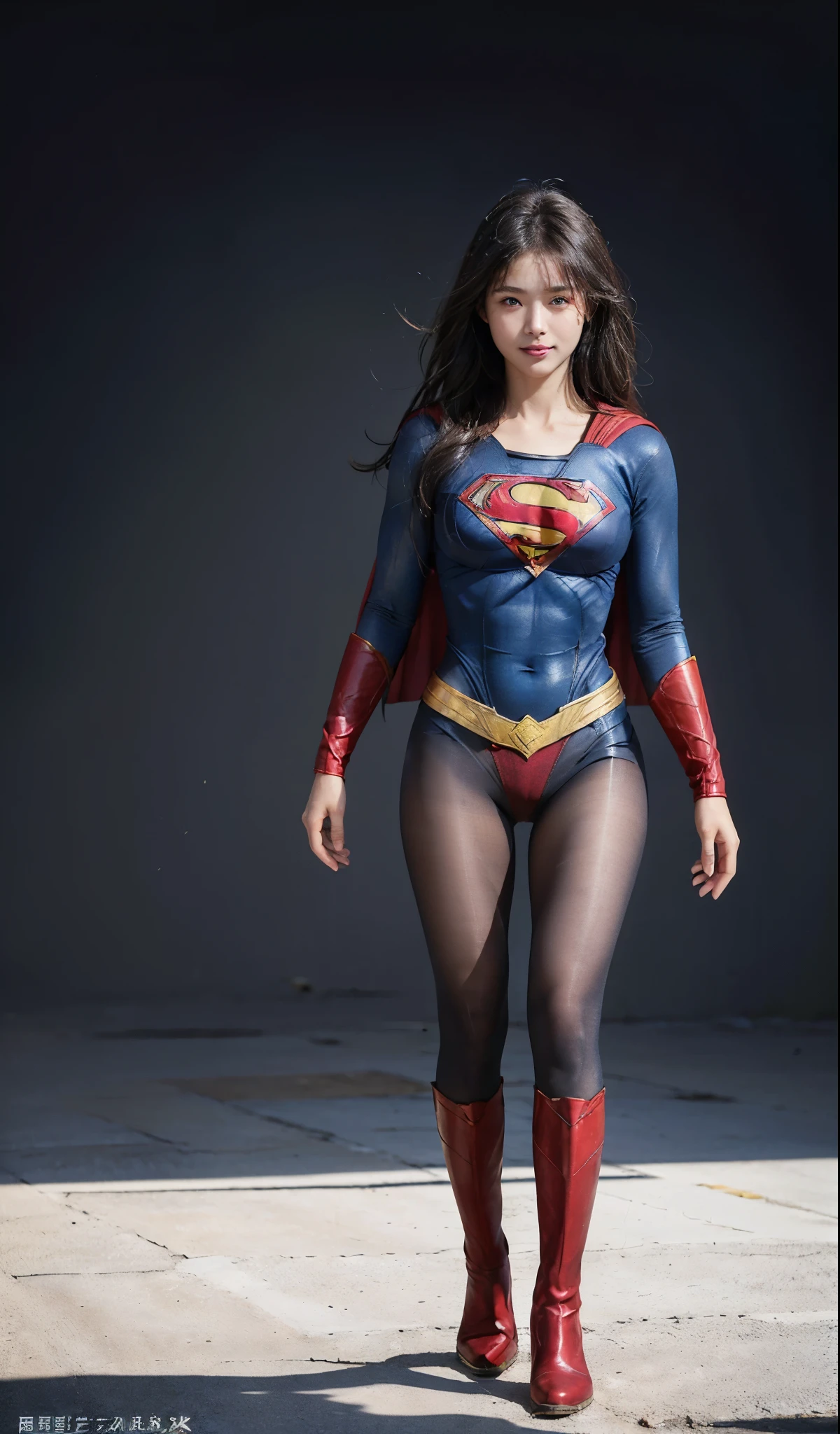 No background、(((Beautiful legs in black tights.)))、(((Legally express the beauty of your smile)))、((((Make the most of your original images)))、(((Supergirl Costume)))、(((Beautiful Hair)))、(((suffering)))、(((Please wear black tights....、Wear red boots)))、((Best image quality、8k))、((highest quality、8k、masterpiece:1.3))、(((Preserve background )))、Sharp focus:1.2、Beautiful woman with perfect figure:1.4、Slim Abs:1.2、Wet body:1.5、Highly detailed face and skin texture、8k