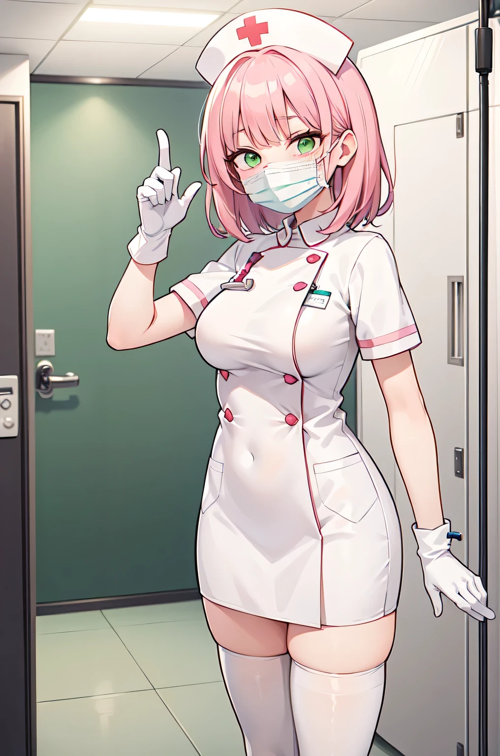 1woman, solo, nurse, white nurse cap, white nurse uniform, ((white legwear, zettai ryouiki)), white gloves, pink hair, green eyes, drooping eyes, ((white surgical mask, covered nose)), standing, ((hospital room)), sharp outline, short sleeves, mature female, 32 years old, best quality, masterpiece