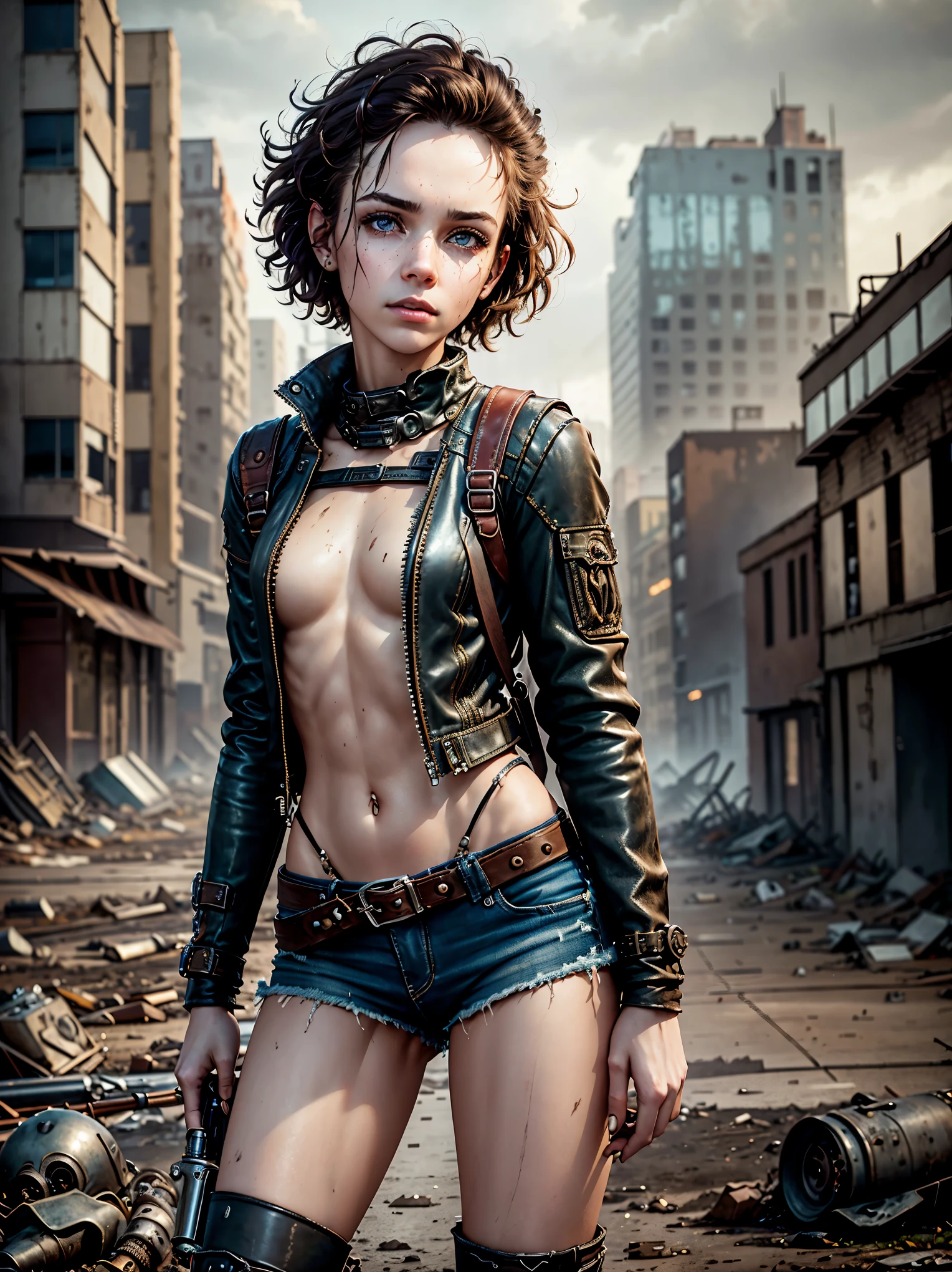 1girl, (solo:1.2), [slim], (small chest), pale skin, ((detailed eyes)), (bokeh effect), (dynamic angle), dynamic pose, (deserted city:1.3), short curly hair, leather jacket, ripped jeans, high boots, (backpack), knife holder, (ruined buildings), (dark and cloudy sky), dirty hair, (wasteland:1.3), dirty hair, radio, ((masterpiece)) close up shot