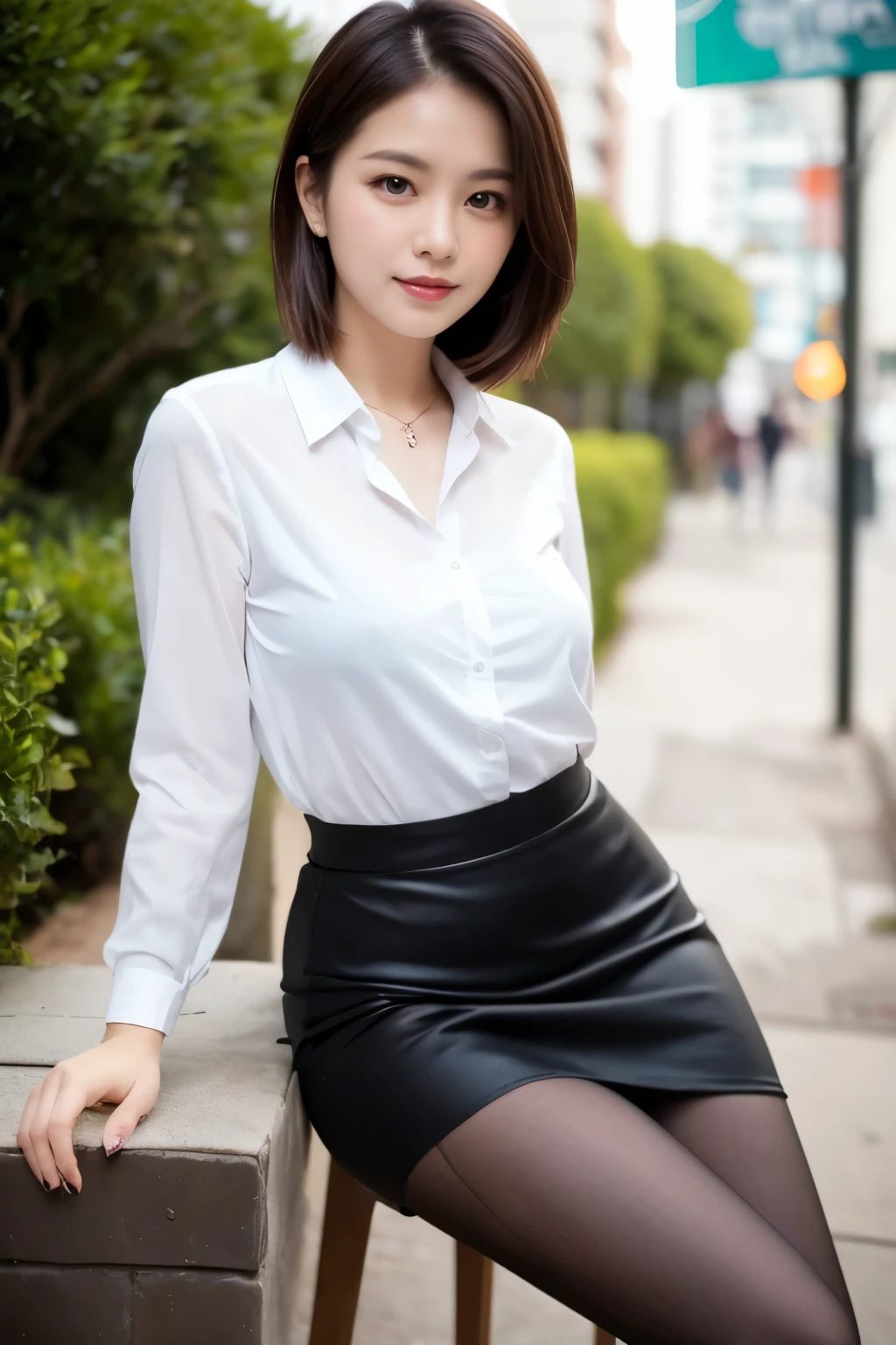 ulzzang-6500-v1.1, (RAW Photos:1.2), (Photorealistic), (Genuine:1.4), (Mastepiece), masterpiece, Absurd, The finer details, High resolution, Highly detailed face and eyes, Photorealistic, Perfect dynamic composition, Beautiful and delicate eyes, suit,short hair，Natural color lips, Sit on a chair，Crossing your legs, smile、25-year-old woman，Red Eyeshadow，Wearing pantyhose，Formal tight skirt