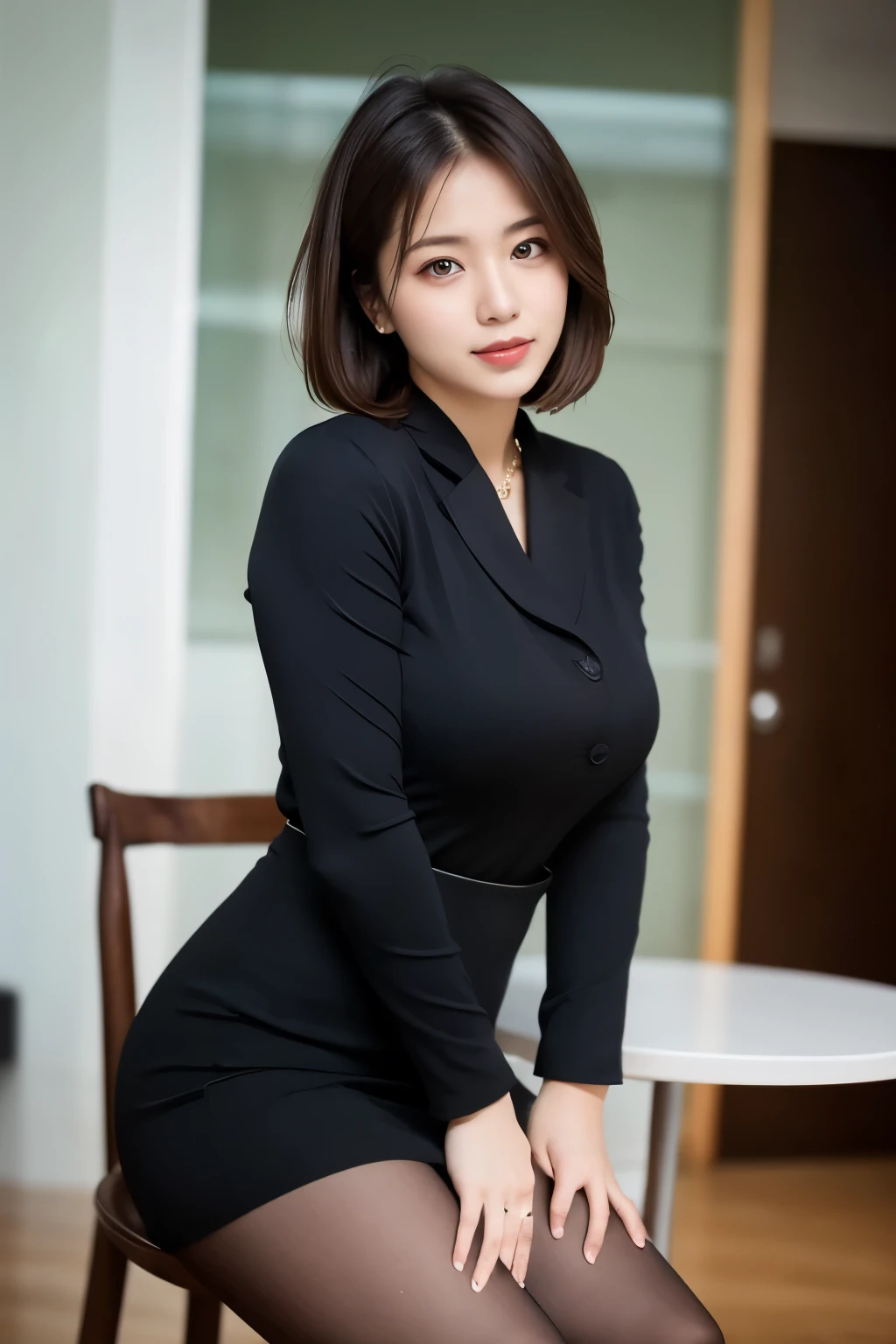 ulzzang-6500-v1.1, (RAW Photos:1.2), (Photorealistic), (Genuine:1.4), (Mastepiece), masterpiece, Absurd, The finer details, High resolution, Highly detailed face and eyes, Photorealistic, Perfect dynamic composition, Beautiful and delicate eyes, suit,short hair,Natural color lips, Sit on a chair,Crossing your legs, smile、25-year-old woman,Red Eyeshadow,Wearing pantyhose,Formal tight skirt