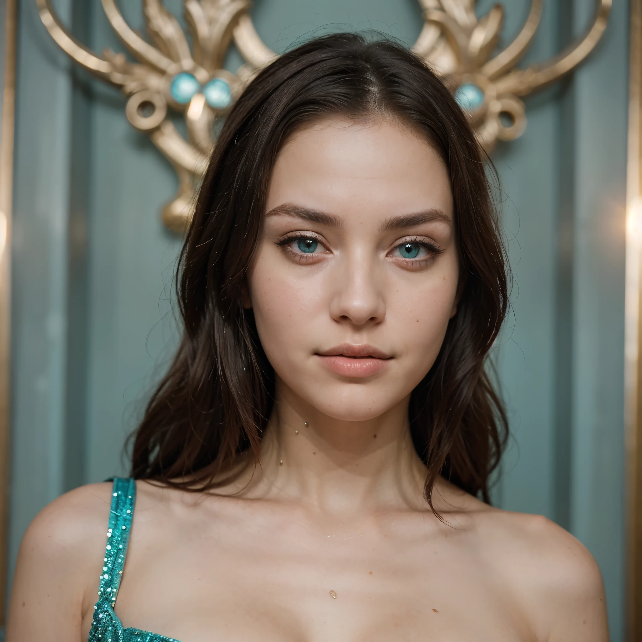 ((best quality)), ((masterpiece)), (detailed), perfect face, A woman in her mid-twenties, living in the civilization of Atlantis, in atlantis city, with enchanting beauty. She is very beautiful, with fair skin, long, shining, light turquoise hair, and turquoise eyes, like elf. Her skin glistens as if it were sparkling with glitter.