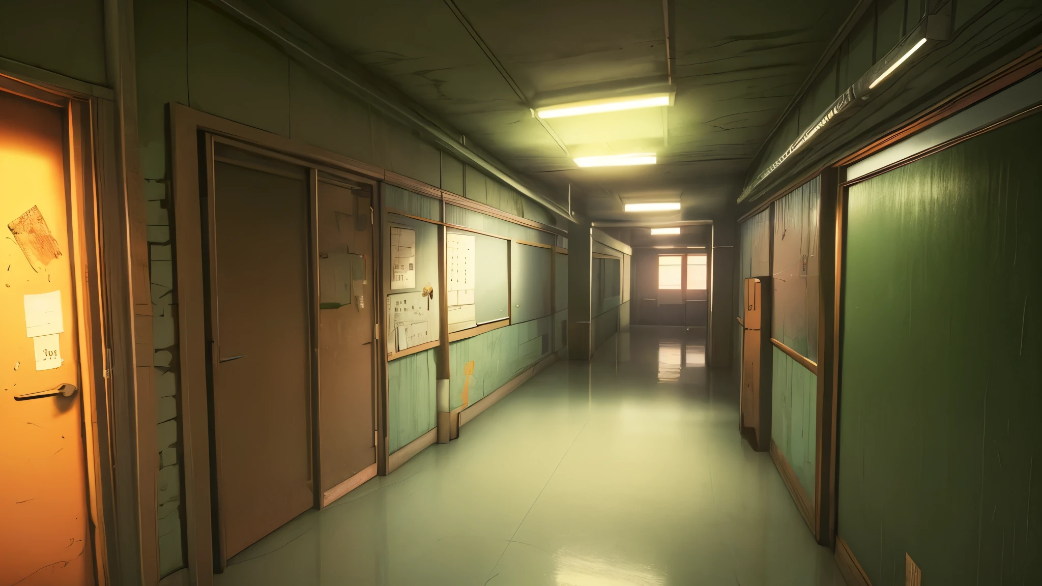 anime, high res, 4k, 8k, visual novel background, CG background, empty school hallways, neon signs on the walls, classroom doors, cluttered hallway, detailed background, photorealistic, pixiv, sharp-focus, super detail,