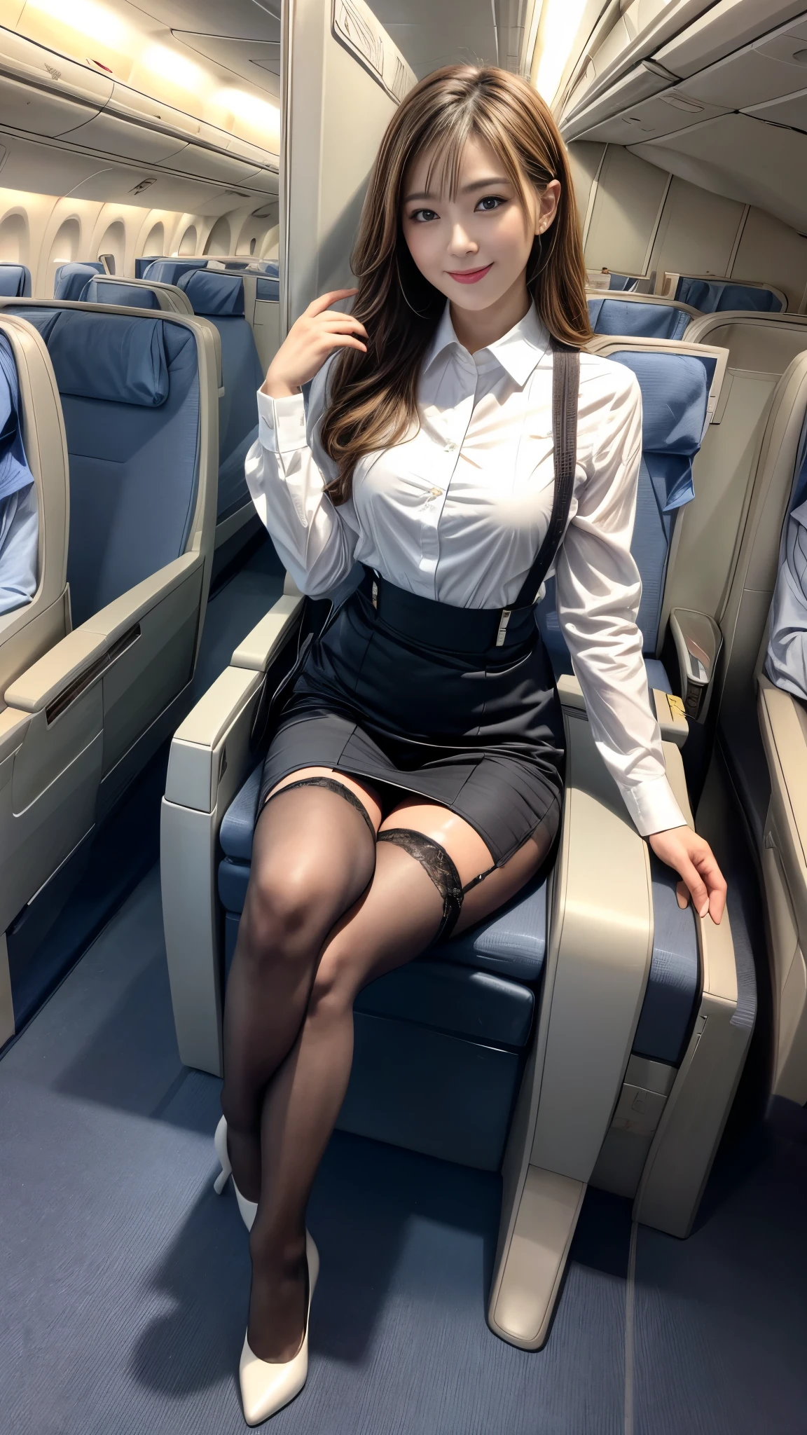 ((masterpiece、best quality))、Detailed face、Sexy 18 岁日本模特、Lovely、(Airline stewardess:1.2)、full、、Bodycon crew neck lace top,Short skirt,1 girl、Symmetrical illumination、High heel、Sexy的女人、Sexy、focus、charming、セクシーなHigh heel、ルブタンのセクシーなHigh heel、(Aircraft Business Class:1.2)、sit on the chair,Cross your legs,Sexy十足、Naughty legs、Sexy连裤袜、 White patterned pantyhose、Suspenders、Smile