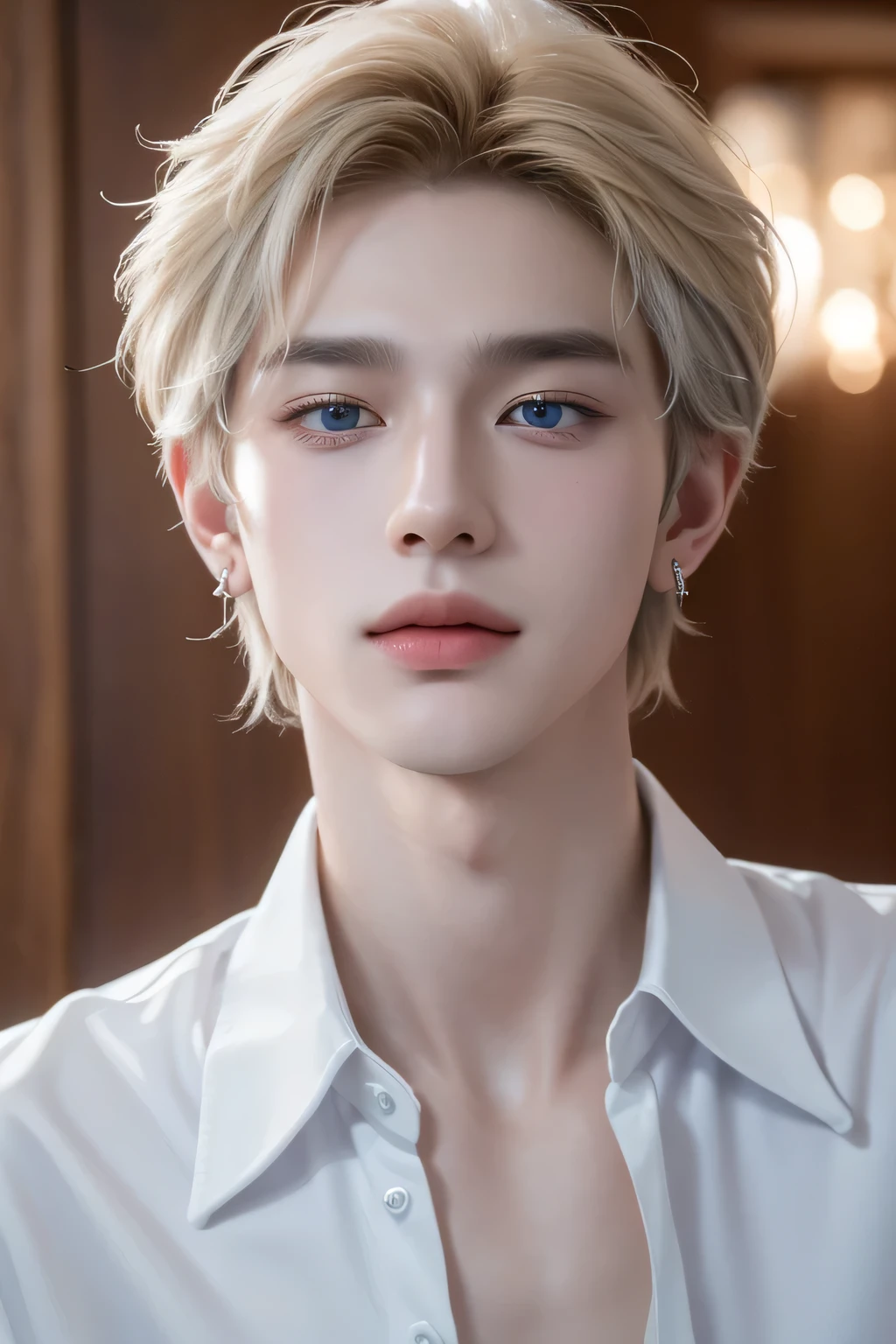 ((highest quality, 8K, masterpiece: 1.3)), Handsome boy 、20-year-old、Delinquent boy、 well-groomed face, blond color、thin face、（white skin:1.5）、blue eyes、boy with makeup、Super handsome、laugh suspiciously、sexy eyes、Extra-fine face, handsome nose, small eyes and face, beautiful lighting, High resolution, detailed mouth, smile, whole body: 1.5, perfect body shape、super slim，Midial Hair、pointed hair、korean idol fashion、pattern shirt、 Silver earringspiercing