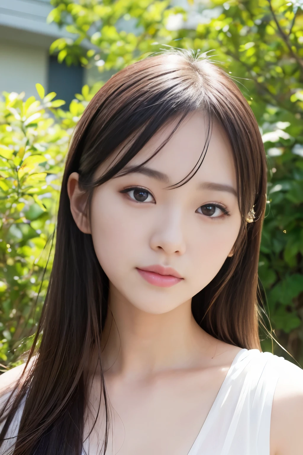 (highest quality, Very detailed, Realistic:1.37), Professional, Fine and beautiful eyes, Beautiful lip detail, Detailed facial features, Natural skin color, Perfect skin texture, Delicate expression, High-resolution images, Realistic face, Realistic skin, Real Face, Natural smile, Very detailedな髪, (Yuki), 20-year-old, (Calm Japanese female college student), garden、Her slim figure and flowing hair、In harmony with the natural beauty of the surrounding area。. The high-resolution image captures Very detailed realism, highlighting Yuki's captivating eyes, Delicate lips, and smooth skin tone. A stunning visual expression of tranquility and Japanese aesthetics.。.