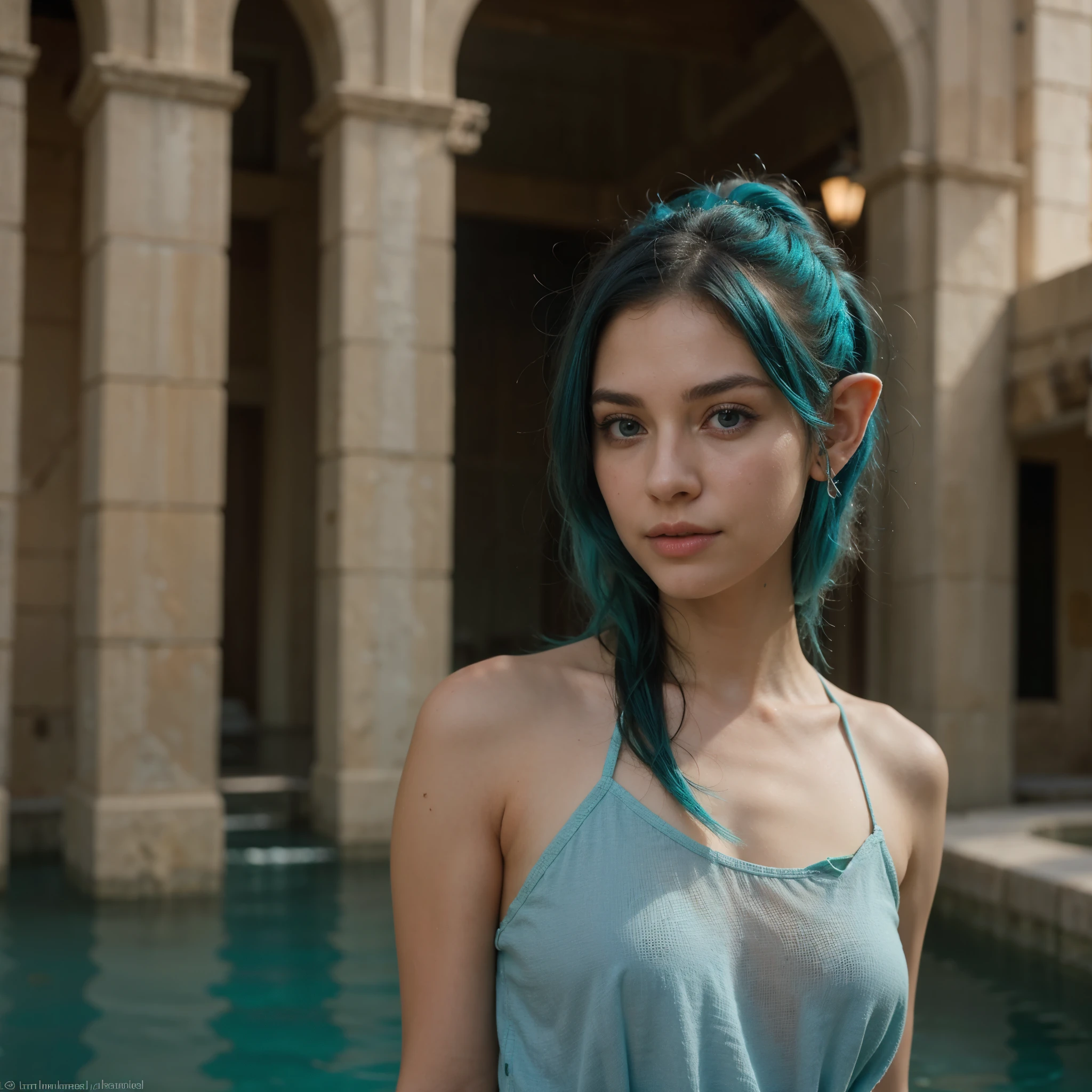 realistic,Healthy, very beautiful, with skin that shines brightly, in her mid-twenties, with turquoise hair and turquoise eyes, ears like elf ears, living in the Atlantis civilization, possessing enchanting, breathtaking beauty.