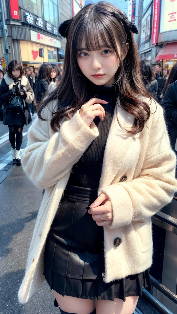 muste piece, best quality, illustration, Super detailed, fine details, High resolution, 8K,wall paper, perfect dynamic composition,(Details High quality, realistic depiction of eyes:1.3), (wavy hair:1.2), Gorgeous and stylish black fluffy latest trend Tokyo winter clothes, Pea coat, wool sweater, A-line skirt, Layered Cut, black hair color, Big Natural Color Lip, sexy pose, crying a little、cold gaze, Harajuku style、20 year old girl、cute type、ta, hposing Gravure Idol, full body photo、focus on crotch, huge breasts