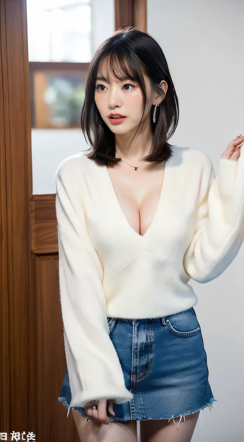 (8k, RAW Photos, highest quality, masterpiece: 1.2), Super detailed, Super Resolution, (Genuine, Genuine photos: 1.37), Portraiture, High-resolution RAW color photos, Professional photos, Very detailed and beautiful, Very detailed, 8k wallpaper, Amazing details, Large file size, Official Art, Very detailed CG Unity 8k wallpaper, Very detailed beautiful girls, Very detailed faces, Very detailed目, Very detailed肌, Very elaborate fingers, Very detailed鼻, Very sophisticated mouth, Perfect Anatomy, Detailed Background, Detailed clothing, One Girl, (20:1.2), 20th Generation, cute Girl, Realistic body, , White skin, Glowing Skin, The body is slim, Black Hair, short hair, (Blunt bangs: 1.2), cute, like々Shii, Cute face, Realistic Face, Delicate eyes, Sale Eyes, ( (Stylish winter clothes)), ((superior)), (((Full Body Shot)), Earrings, Looking at the camera, Cowboy Shot, Positive, Standing posture, Contrasting, Dynamic Lighting, C Cup,
Age 25, 1 person, ((Beautiful female announcer, cute mouth:1.2)),
((Women's red polka dot dress, I can see your beautiful thighs:1.2)),
((Gorgeous Earrings, Long Necklace:1.2)),
((Pale pink walls, Near a tall window, The sunlight shines in, Bright room:1.2)),
(From the feet to the whole body, Pay attention to the beautiful thighs:1.5),
((Sexy vibe, Kissing Mouth, Poke out your lips, Cute and shy, Staring at the viewer)),
((Ecstatic expression during sex, Sigh leaks out)),
((Squint your eyes)),
((Pursing your lips:1.2)),
((Blushing:1.2)),
((open your mouth slightly to show your white teeth,, stick out your tongue a little)),
((Body facing forward)),
((The cleavage is fluffy, Beautiful breasts)),
Realistic skin texture, Fair skin, Shiny skin, Beautiful Leg Skin, Beautiful Shii Feet,
Very detailed顔, Slim face contour, Beauty and small face, Beautiful Shii Nose,
Very fine eye, Long, narrow eyes, Brown eyes, double eyelid, Extremely fine eyebrows, thin, Long eyelashes,
Ultra-detailed lips, Plump and moisturized lips, Glossy pink lips, Blushed,
Beautiful Shii Actress'Dull makeup, Pink lipstick, smokey eye shadow, Eye Foundation,
Dark brown hair, Delicate and soft hair, Hair blowing in the wind,
(Elegantly putting your hair up, Medium short hair, ponytail:1.2),
Layered Cut, (Blunt bangs:1.2),