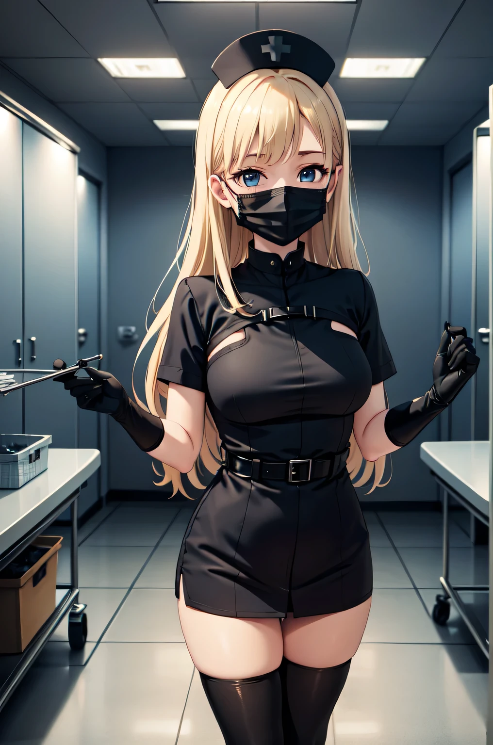 black nurse, 1woman, solo, black nurse cap, black nurse uniform, ((black legwear, zettai ryouiki)), black elbow gloves, blonde hair, blue eyes, ((black surgical mask, covered nose)), standing, ((surgery room)), sharp outline, short sleeves, mature female, 35 years old, best quality, masterpiece