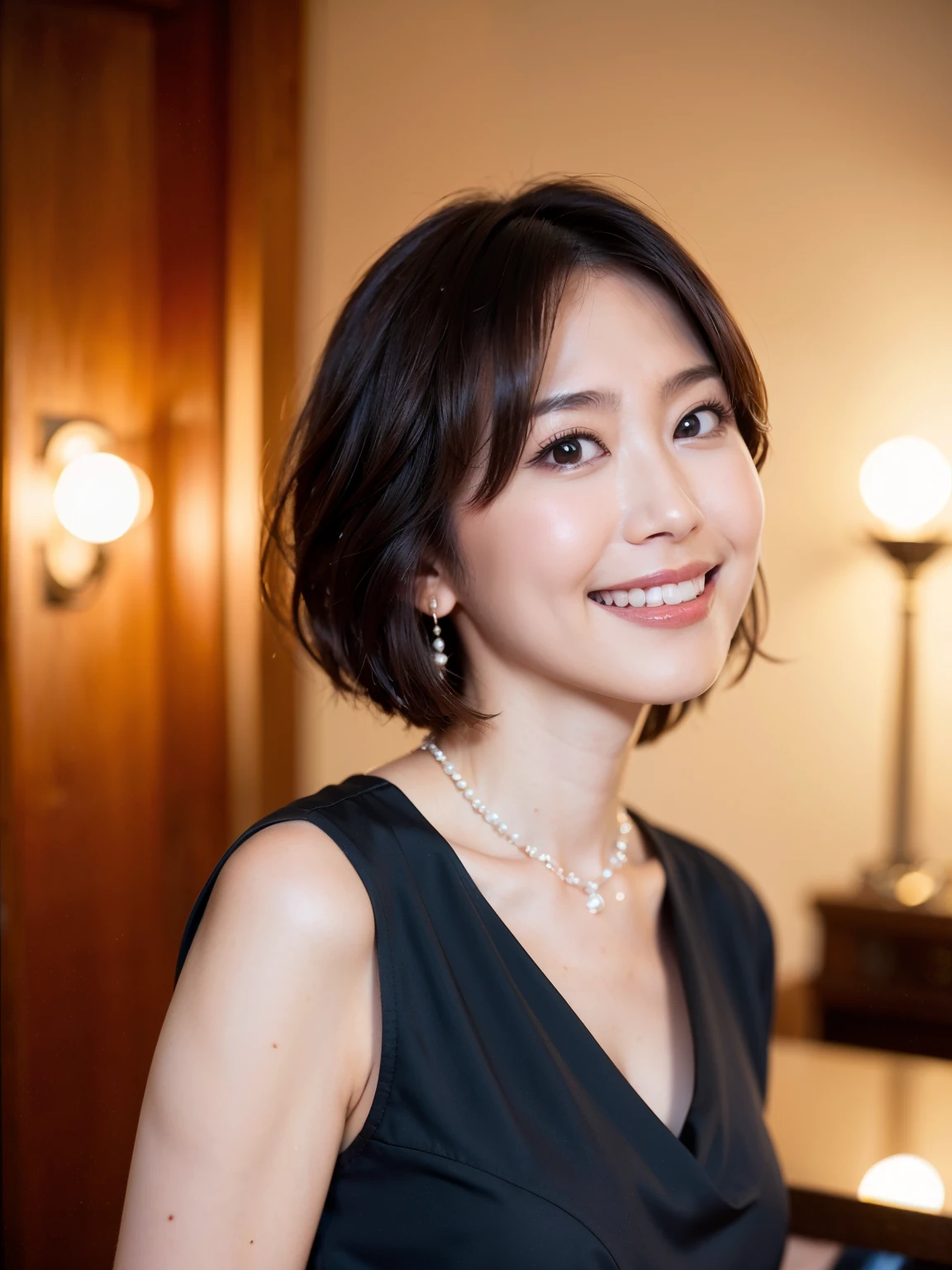 (highest quality, 8k, 32k, masterpiece, Ultra-high resolution:1.2),Beautiful Japanese Women Photos, Standard body type、（D cup breasts:1.4), Very short bob hair,Upper Body,Face Focus,（black formal blouse：1.4）、（black ruffle blouse:1.6）,（Pearl Necklace:1.4), （Midnightの工場事務室:1.6), The viewer is looking at her from the side, Observe the audience、（smile：1.3）、（教会の薄Dark Room：1.6）、（Only candlelight：1.5）、Dark Room、Midnight
