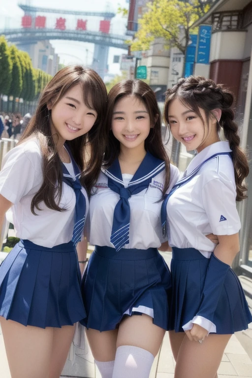 highest quality、8K、Super detailed, (highest quality、High resolution、Detailed Background、8k)、(非常に詳細なbeautiful顔:1.4)、beautiful, Smooth skin、Skin Texture、Professional Lighting、cute teenage girl、Three Women、Brown hair or cute hair color、cute braided hairstyles、Braided Bob、Braided Ponytail、Huge breasts、Perfect body line、Theme park、amusement park、(3人のbeautiful女の子が一緒に楽しそうに自撮りをしている:1.5)、Zoom in、cute color sailor suit、White sailor collar、Check pleated short sleeves、White knee-high socks、(smile:1.2)、A big smile、Laughing with your mouth open、sexual expression、cute, Real Photo:1.6