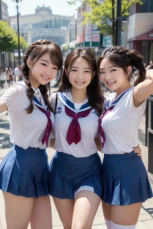 highest quality、8K、Super detailed, (highest quality、High resolution、Detailed Background、8k)、(非常に詳細なbeautiful顔:1.4)、beautiful, Smooth skin、Skin Texture、Professional Lighting、cute teenage girl、Three Women、Brown hair or cute hair color、cute braided hairstyles、Braided Bob、Braided Ponytail、Huge breasts、Perfect body line、Theme park、amusement park、(3人のbeautiful女の子が一緒に楽しそうに自撮りをしている:1.5)、Zoom in、cute color sailor suit、White sailor collar、Check pleated short sleeves、White knee-high socks、(smile:1.2)、A big smile、Laughing with your mouth open、sexual expression、cute, Real Photo:1.6