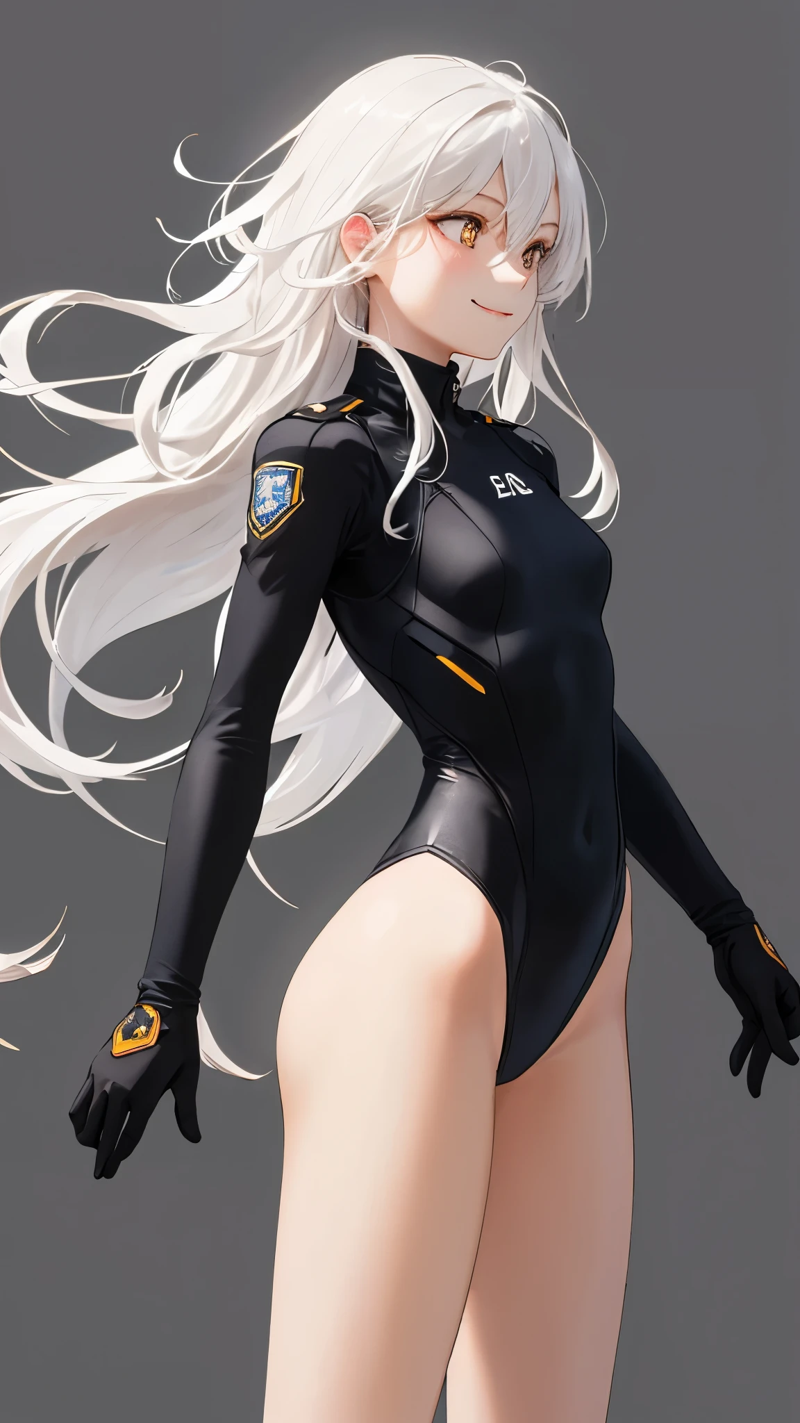 masterpiece， highest quality， Watch the audience， Long Hair， Fresh， （Wavy Hair：0.7），
Black Theme， （（（（Gray background，）））），Human whole body，Thin leotard，Front view，Side view，Back view，Golden Eyes，Luminous pupils，Long, straight white hair，Small breasts、A light smile，Wear uniform clothing，（Cowboy Shot），Ultra-high resolution，Accurate，Super detailed，Award-winning，Attention to detail，highest quality，8k、High leg