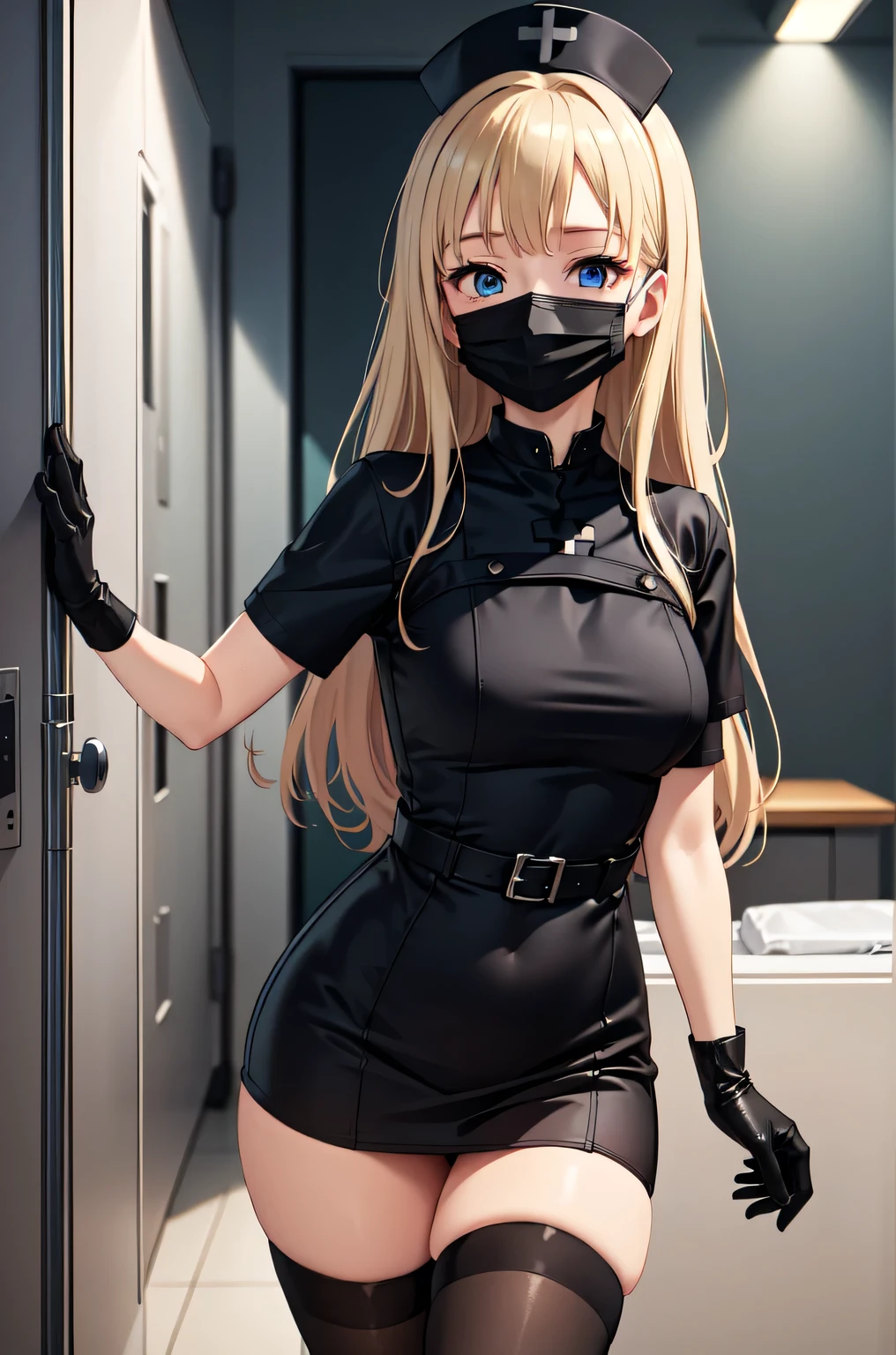 black nurse, 1woman, solo, black nurse cap, black nurse uniform, ((black legwear, zettai ryouiki)), black elbow gloves, blonde hair, blue eyes, ((black surgical mask, covered nose)), standing, ((surgery room)), sharp outline, short sleeves, mature female, 35 years old, best quality, masterpiece