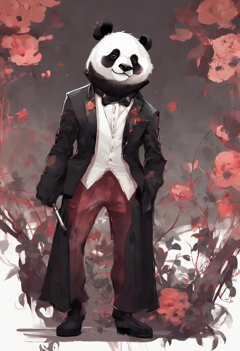 anthropomorphic panda, de cuerpo entero, vestido formalmente con un blazer, sostiene una bandeja, pegatina de panda, sticker de panda.