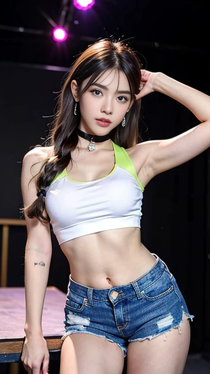 young girl day, (16 years old), (perfect face), fit the body (covered with tattoos), (style: rock), (have green eyes), (Full body only..), (sexy sport bar, ripped jean shorts ), (purple, short, straight hair), (moderate, rounded chest), (in the background, rock style night club).choker, diamond necklace, Very large round earrings