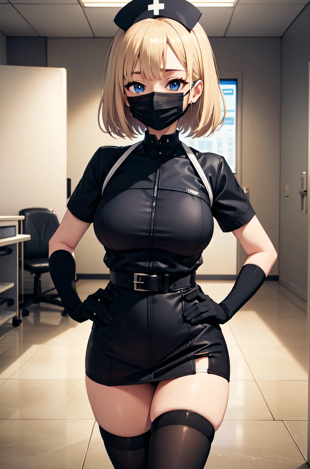 black nurse, 1woman, solo, black nurse cap, black nurse uniform, ((black legwear, zettai ryouiki)), black elbow gloves, blonde hair, blue eyes, ((black surgical mask, covered nose)), standing, ((surgery room)), sharp outline, short sleeves, mature female, 35 years old, best quality, masterpiece