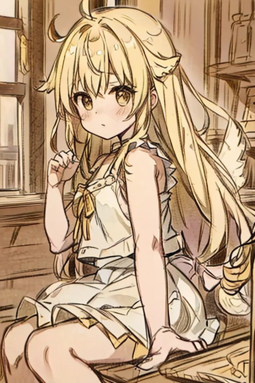 A blonde haired female angel in a cute yellow lolita dress with hazel eyes and golden wings is building a sandcastle