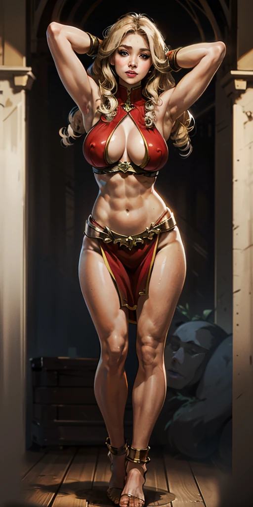 A mature juicy MILF BIMBO STANDING SYMMETRICAL pose on 2 legs foot focus anklets on knees, BAREFOOTED toes clenched foot soles, 1个Giant Breast Girl, The beautiful, perfect litthing, musculous, upper legs, a matural female, A MILF, navel, abs six packed strong, looking at the viewer, goddess, lustful smirking smile face red blushed, The chest is unusually large, maternal love, porcelain skin, very long hair, curlies, glossy skin, both hands behind head, shaved armpits