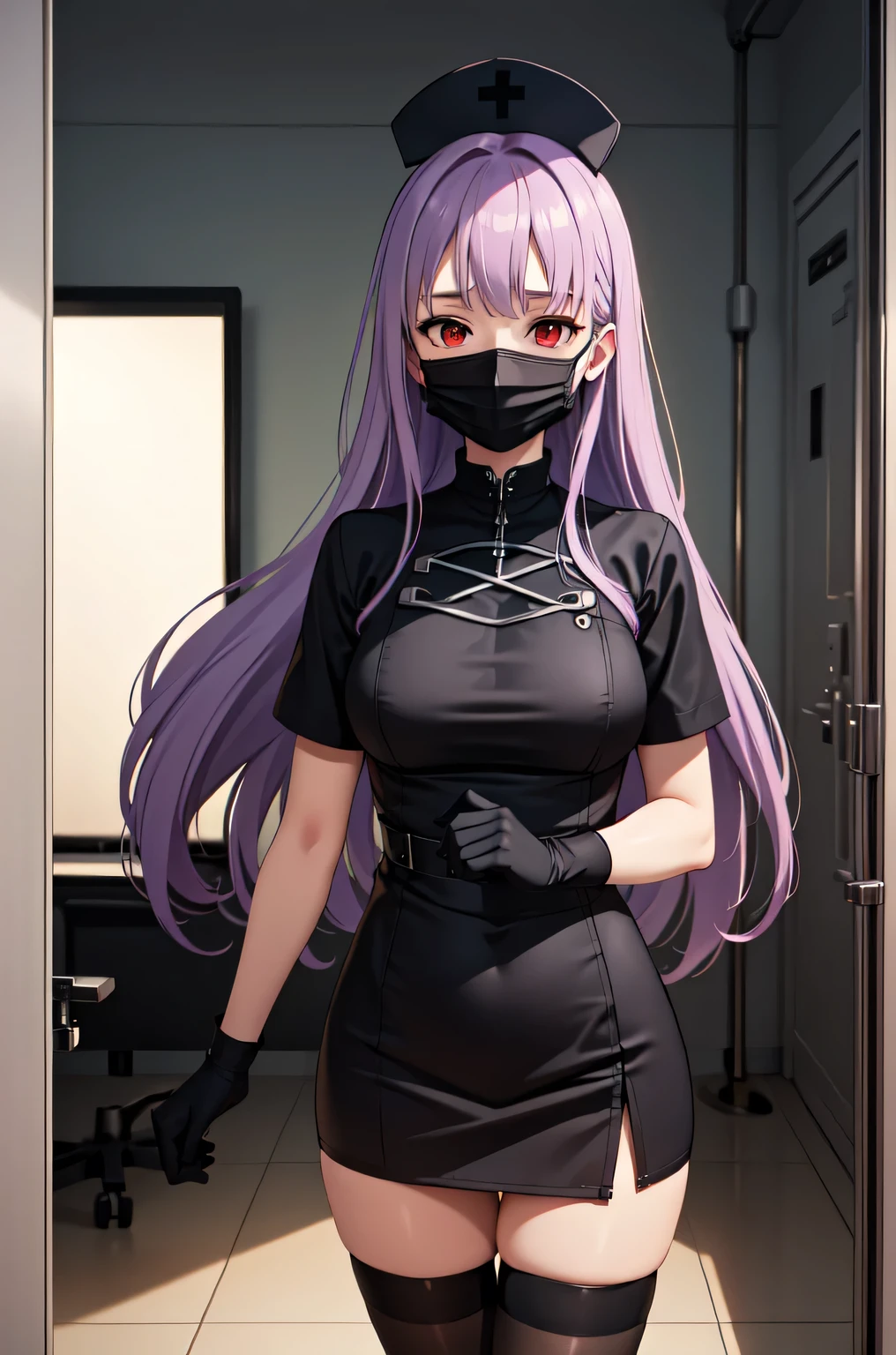 black nurse, 1woman, solo, black nurse cap, black nurse uniform, ((black legwear, zettai ryouiki)), black elbow gloves, long hair, purple hair, red eyes, ((black surgical mask, covered nose)), standing, ((surgery room)), sharp outline, short sleeves, mature female, 35 years old, best quality, masterpiece