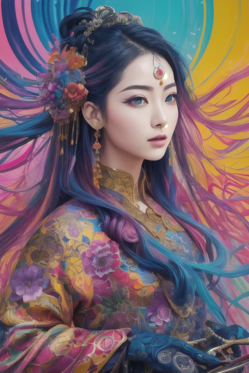 aesthetic,masterpiece,photorealistic,entangle,mandala,tangle,entangle,ecstasy of flower,dynamic angle,the most beautiful form of chaos,elegant,a brutalist designed,vivid colours,romanticism,atmospheric,(fluttered detailed ink splashs), (illustration),1girl,(long hair),electronics, motors, wires, buttons, lcd,lacivious pose,(expressionless ,hair ornament:1.4)chinese clothes,(focus on), color Ink wash painting,(ink splashing),color splashing,((colorful)),[sketch], Masterpiece,best quality, beautifully painted,highly detailed,(denoising:0.7),[splash ink],yin yang,a lot of details,mysterious expression, in a modern and abstract setting, with bold and colorful abstract art, photo shot from front,highly-detailed, (flat color:1.1),(colorful:1.3),(masterpiece:1.2), best quality, masterpiece, original, extremely detailed wallpaper,from everywhere, looking at viewer,upper body, full body,
there is an ancient palace beside the girl,oriental city,eastern architecture,a lot of details,mysterious expression, in a modern and abstract setting, with bold and colorful abstract art,bright lighting,movie studio (analog film:1.3) (vhs movie) (photorealistic) (screencap) (cinematic lighting) (sharp focus) (80sDarkFantasySD15b:1.0),,natural lights, photorealism, cinematic,