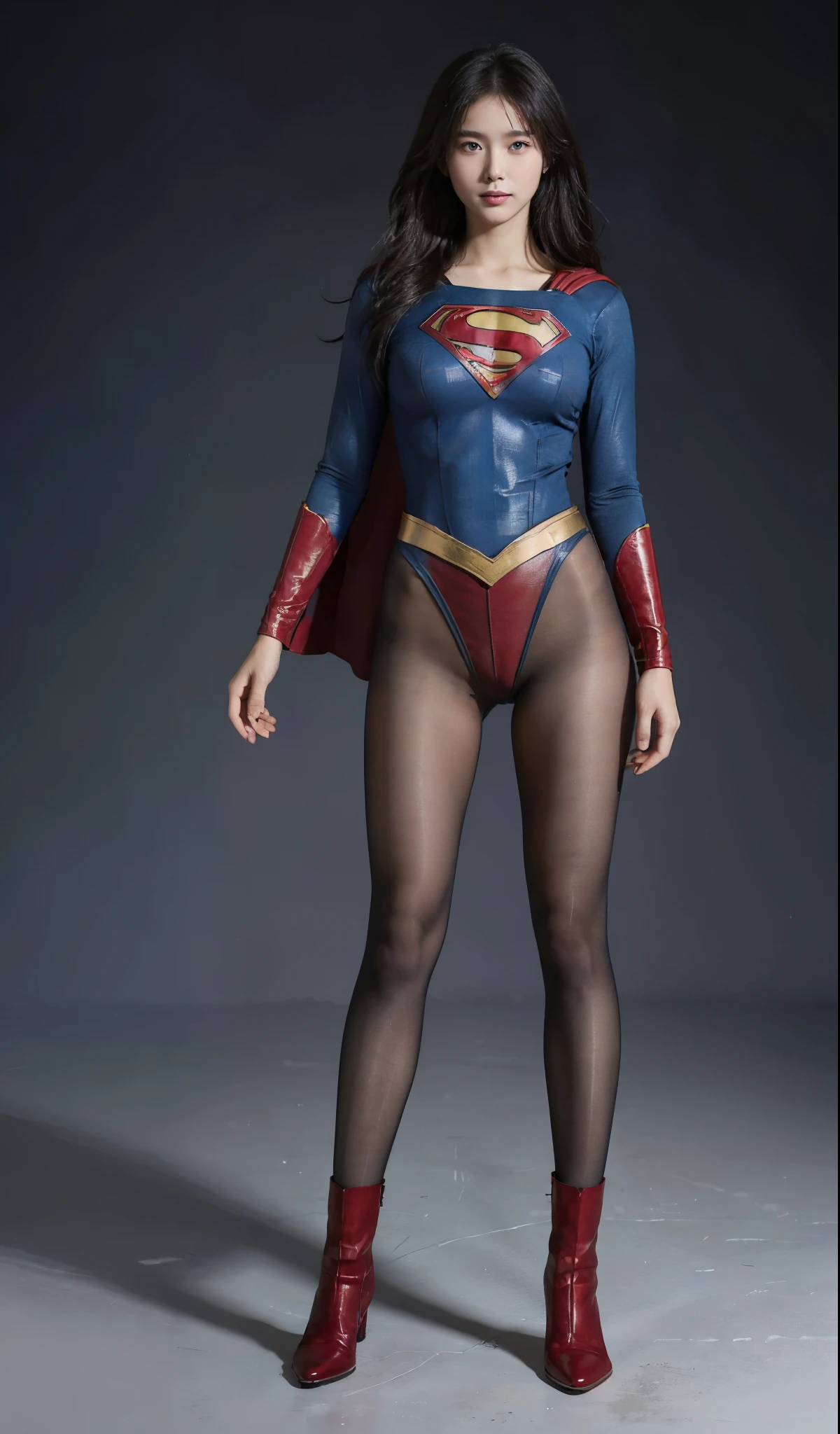 No background、(((Beautiful legs in black tights.)))、(((Legally express the beauty of your smile)))、((((Make the most of your original images)))、(((Supergirl Costume)))、(((Beautiful Hair)))、(((suffering)))、(((Please wear black tights....、Wear red boots)))、((Best image quality、8k))、((highest quality、8k、masterpiece:1.3))、(((Preserve background )))、Sharp focus:1.2、Beautiful woman with perfect figure:1.4、Slim Abs:1.2、Wet body:1.5、Highly detailed face and skin texture、8k