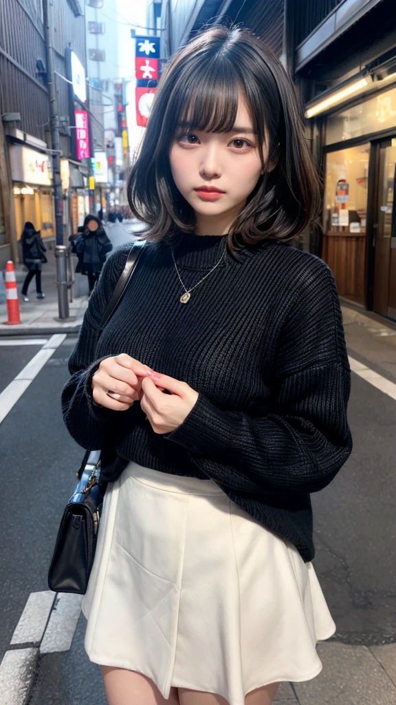 muste piece, best quality, illustration, Super detailed, fine details, High resolution, 8K,wall paper, perfect dynamic composition,(Details High quality, realistic depiction of eyes:1.3), short hair, (wavy hair:1.2), Gorgeous and stylish black fluffy latest trend Tokyo winter clothes, Pea coat, wool sweater, A-line skirt, Layered Cut, black hair color, Big Natural Color Lip, sexy pose, crying a little、cold gaze, Harajuku style、20 year old girl、cute type、lolita, hposing Gravure Idol, full body photo、focus on crotch, huge breasts