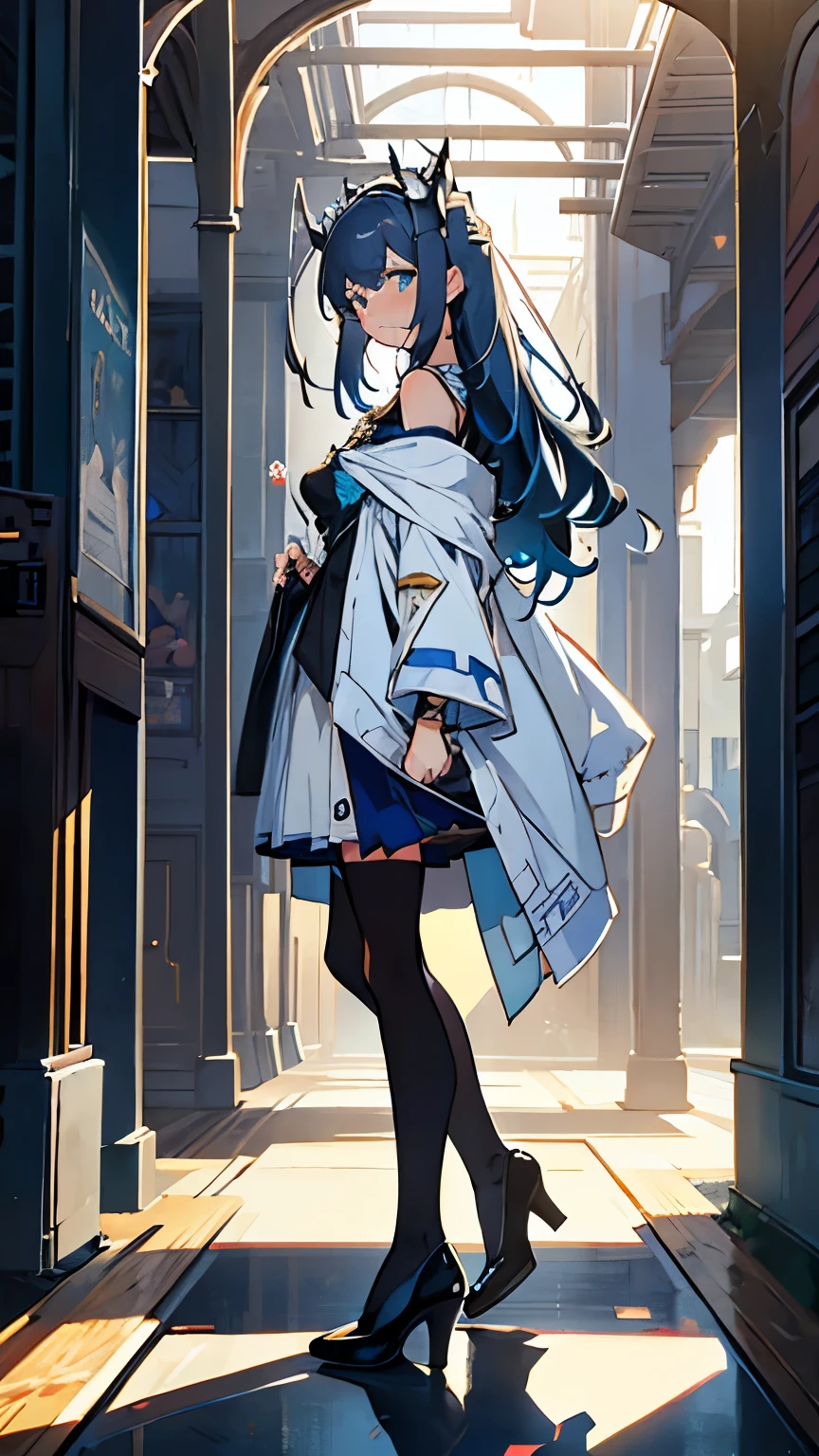 (QUALITY:0)
8k, 8k wallpaper, (an extremely delicate and beautiful:1.1), (beautiful detailed eyes:1.3), (best illustration:1.1), (best quality:1.3), (best shadow:1.1), (cinematic lighting:1.2), detailed eyes, (detailed_light:1.1), (dreamy:1.1), (extremely detailed CG unity 8k wallpaper:1.1), highres, (masterpiece:1.3), official_art, ray tracing, (stylized:1.3), trending on artstation, (ultra_detailed:1.2)
(STYLE & COMPOSITION:0)
1girl, (from_side, full_body:1.4), solo
(POSE & EXPRESSION:0)
blush, head_tilt, legs_apart, lips_apart, looking_at_viewer, standing, unamused
(CHARACTER:0)
Blue_eyes, dark_blue_hair, dark_blue_long_hair, (dualtone_hair,blue_outer, black_inner), silk_white_pantyhose, white_stockings, white_socks, bare_shoulders, white_shirt, white_skirt, breasts_apart, blouse, white_blouse, fluffy_blouse, white_robe, ornate_robe, robe, collarbone, high_heels, lips, long_sleeves, makeup, plaid_skirt, high_waist_skirt, shiny_hair, shrug_\(clothing\), (small_breasts:1.3), very_long_hair
(BACKGROUND:0)
(TEXTUAL INVERSION:0)