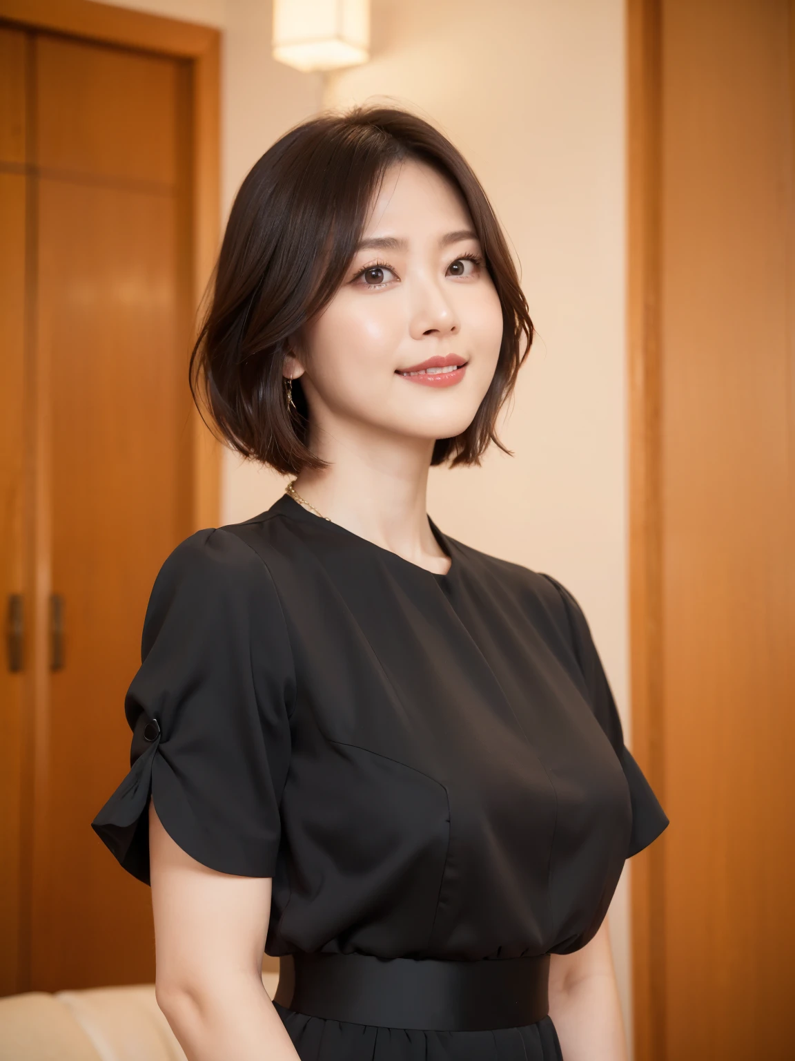 (highest quality, 8k, 32k, masterpiece, Ultra-high resolution:1.2),Beautiful Japanese Women Photos, Standard body type、（D cup breasts:1.4), Very short bob hair,Upper Body,Face Focus,（black formal blouse：1.4）、（black ruffle blouse:1.6）,（Pearl Necklace:1.4), （Midnightの工場事務室:1.6), The viewer is looking at her from the side, Observe the audience、（smile：1.3）、（教会の薄Dark Room：1.6）、（Only candlelight：1.5）、Dark Room、Midnight