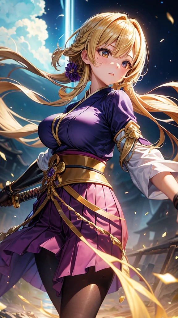 (highest quality)), ((masterpiece)), (Familiar), Perfect Face,Shiny skin,Beautiful breasts,how,Shiny skin、Kyoto Animation style painting、Golden Hair、Golden Eyes、Sunburned skin、night、Holding a Japanese sword、ruins、Combat Stance、Fishnet tights、Braided Hair、spats、inner、Kunoichi clothes、Purple clothes、Wearing a golden aura、Golden Mist、shock wave