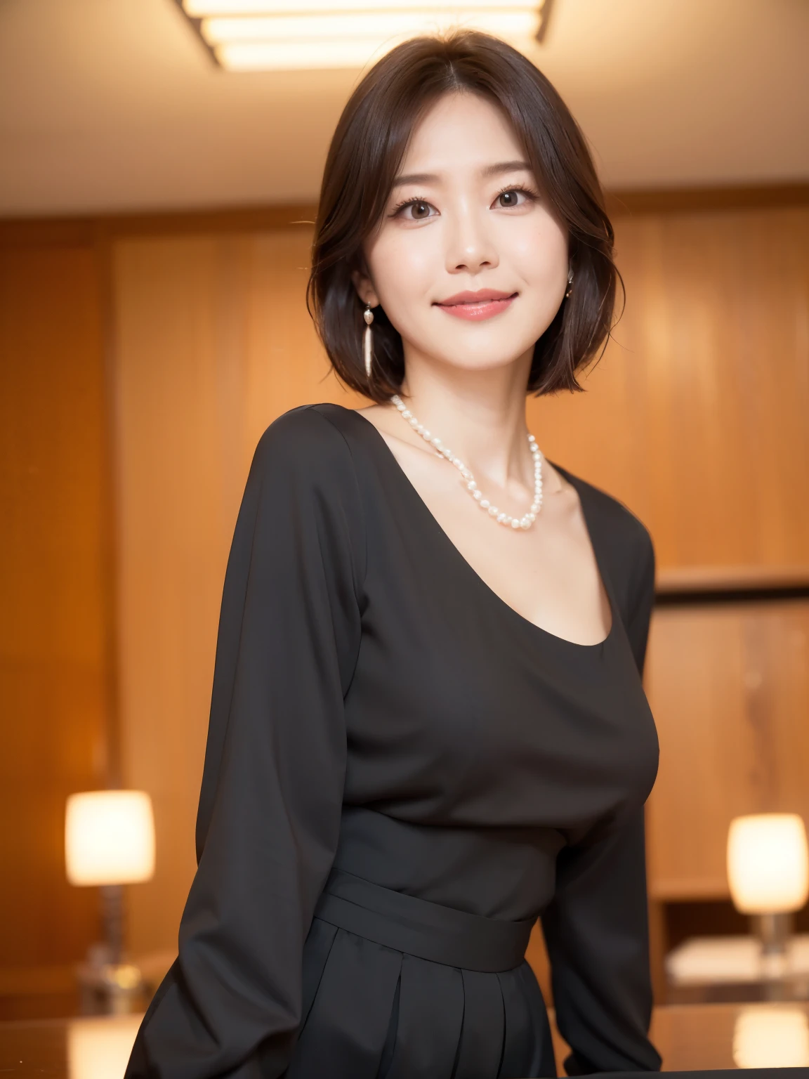 (highest quality, 8k, 32k, masterpiece, Ultra-high resolution:1.2),Beautiful Japanese Women Photos, Standard body type、(D cup breasts:1.4), Very short bob hair,Upper Body,Face Focus,(black formal blouse:1.4)、(black ruffle blouse:1.6),(Pearl Necklace:1.4), (Midnightの工場事務室:1.6), The viewer is looking at her from the side, Observe the audience、(smile:1.3)、(教会の薄Dark Room:1.6)、(Only candlelight:1.5)、Dark Room、Midnight