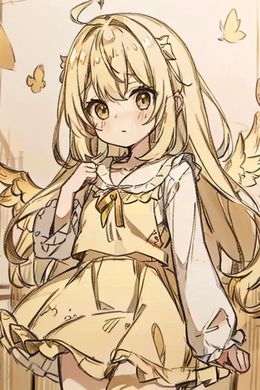A blonde haired female angel in a cute yellow lolita dress with hazel eyes and golden wings is reaching for a coconut