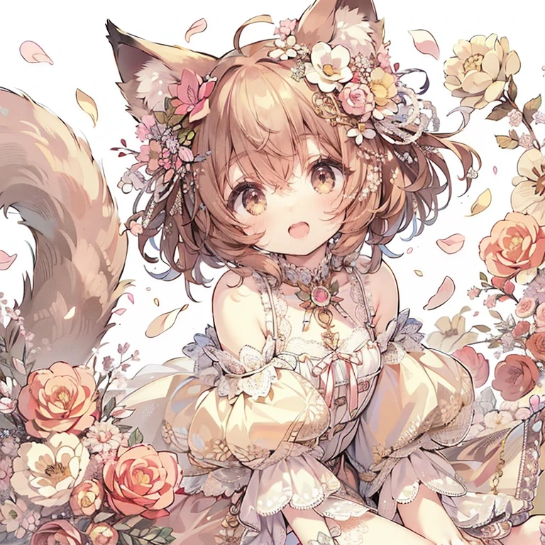 (Exquisite, beautiful, Very detailed, masterpiece, High resolution,high quality,High resolution),(Well-formed face,Soft and thin lines: 1.2, beautiful, Delicate and vivid illustrations with a mature and clear feel), beautiful花々,petal,A very small girl with fluffy cat ears and a long, slender, flexible cat tail looks happy and relaxed.,Fluffy and soft clothes with lace, frills and ribbons,beautiful毛並み,barefoot,(Short eyebrows,Pale pink blush, Plump pink lips,Small Nose,Double teeth,When I smile, my canines are visible,Cat's eyes,Quite large and fluffy bust,Open chest,Fair skin, A long, slender cat's tail,Good style,White knee-highs),Bright colors,Eye-catching colors,Dynamic Angles,defenseless,The fur is fluffy and soft,Watercolor art