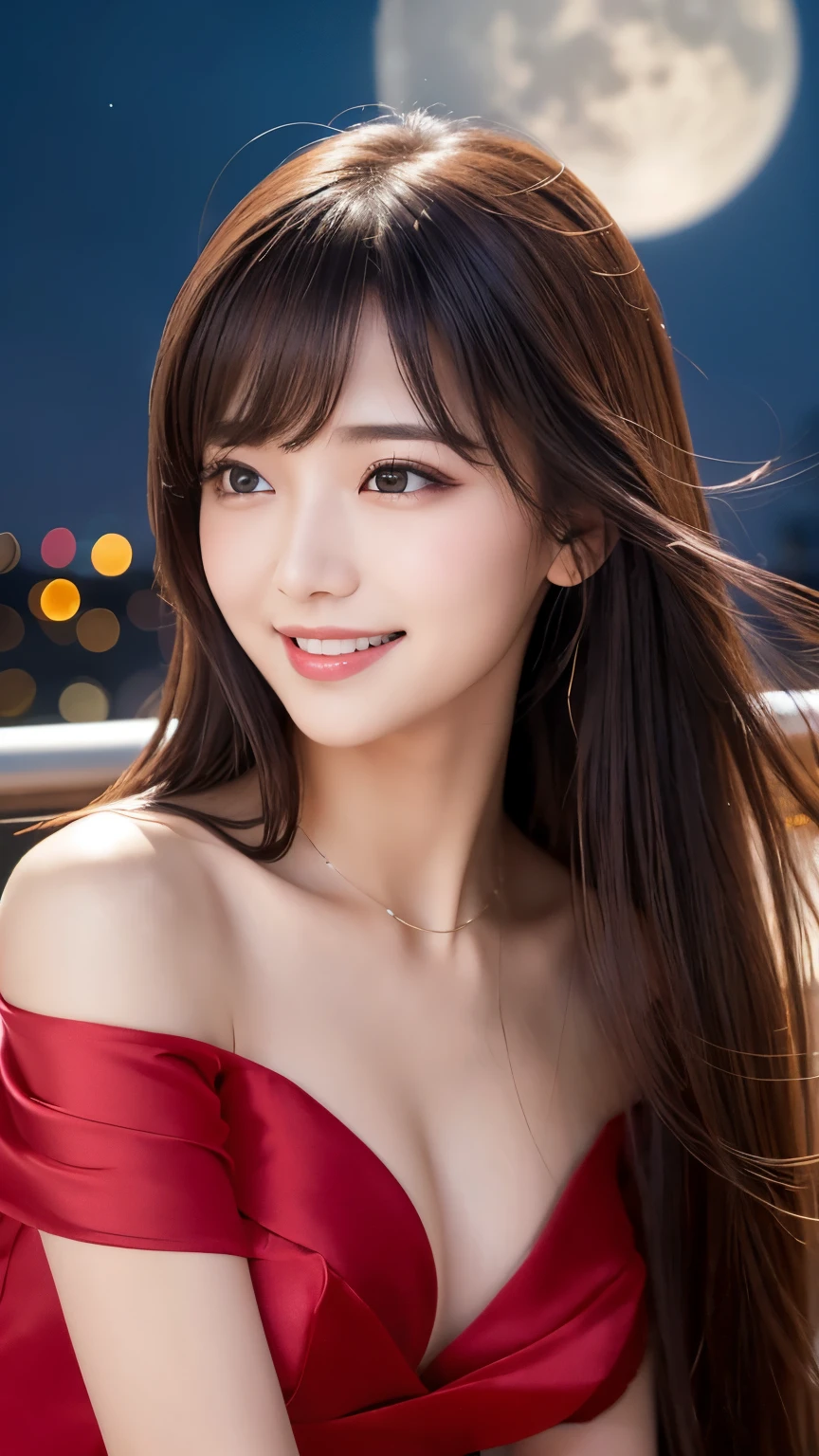(highest quality, 32k, High resolution, masterpiece:1.5, ), Memorable photos in abstract style, Evokes a sense of calming serenity and elusive beauty, 非常にRich emotional expression, Have a rich imagination, Beautiful Japanese Girl, Very beautiful face, Brown hair shining in the moonlight, ((Beautifully arranged super long straight silk hair)), Asymmetrical bangs, Hair between the eyes, Beautifully trimmed, Thin eyebrows, Magic big eye, Moist black eyes, Beautiful double eyelids, smooth and transparent skin, Pale pink lips, Natural Makeup, Rich emotional expression, Motherhood and generosity, Overflowing affection, (A kind smile:1.4), ((Red Silk Dress)), Off the shoulder, High resolutionの完璧な鎖骨, High resolutionの美しい胸元, Slim body and ample breasts, High resolutionの美しい太もも, sit, ((Ridiculous absolute territory)), (whole body:1.3), The rooftop of the tallest building, Detailed big city lights, Detailed full moon and starry sky, Beautiful moonlight, Professional Lighting, Professional Photographer, Professional Model