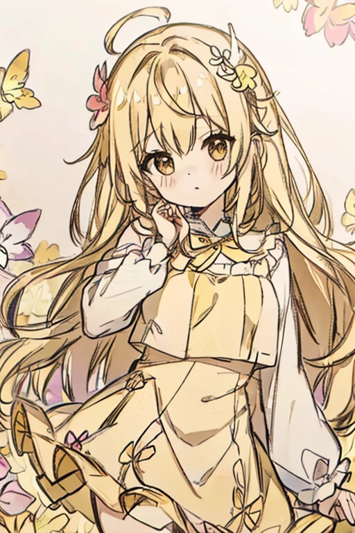 A blonde haired female angel in a cute yellow lolita dress with hazel eyes and golden wings is picking a tropical flowers