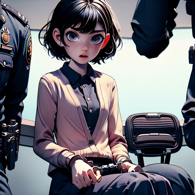 1girl, (solo:1.2), [slim], (small chest), pale skin, ((detailed eyes)), (bokeh effect), (dynamic angle), one girl with handcuffed wrists sitting in interrogation room, scared expressions:1.2, torn clothes. 