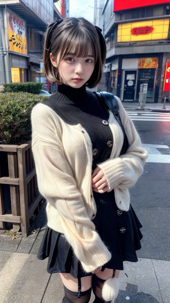 muste piece, best quality, illustration, Super detailed, fine details, High resolution, 8K,wall paper, perfect dynamic composition,(Details High quality, realistic depiction of eyes:1.3), short hair, (wavy hair:1.2), Gorgeous and stylish black fluffy latest trend Tokyo winter clothes, Pea coat, wool sweater, A-line skirt, Layered Cut, black hair color, Big Natural Color Lip, sexy pose, crying a little、cold gaze, Harajuku style、20 year old girl、cute type、lolita, hposing Gravure Idol, full body photo、focus on crotch, huge breasts