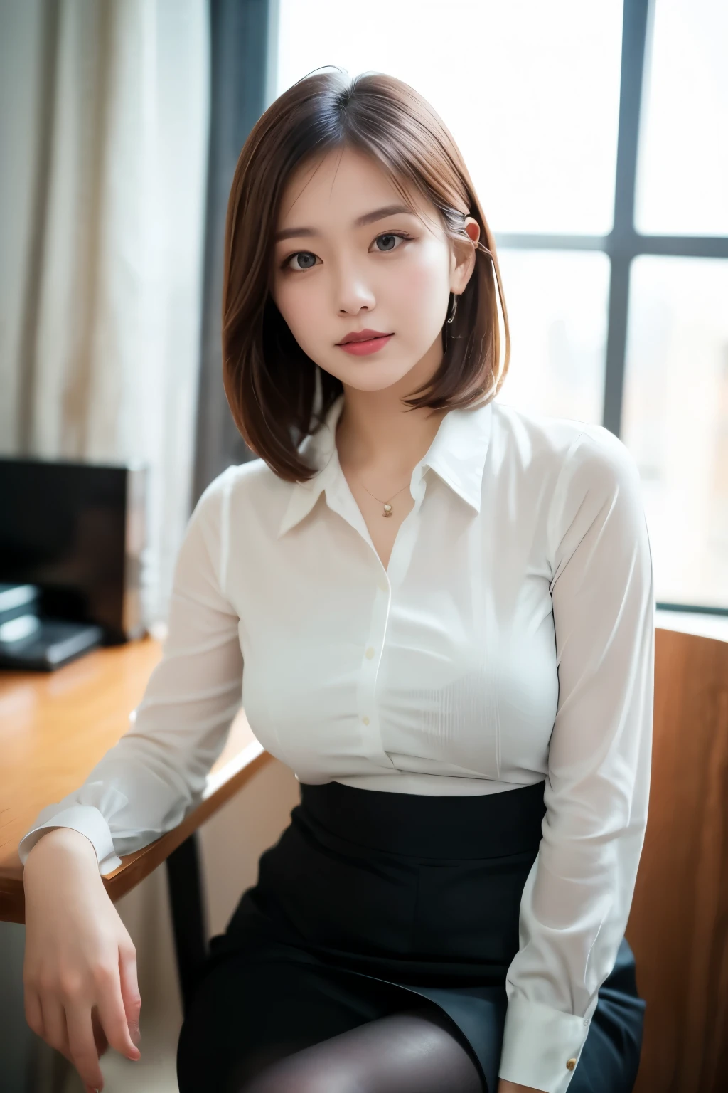 ulzzang-6500-v1.1, (RAW Photos:1.2), (Photorealistic), (Genuine:1.4), (Mastepiece), masterpiece, Absurd, The finer details, High resolution, Highly detailed face and eyes, Photorealistic, Perfect dynamic composition, Beautiful and delicate eyes, suit,short hair,Natural color lips, Sit on a chair,Crossing your legs, smile、25-year-old woman,Red Eyeshadow,Wearing pantyhose,Formal tight skirt、Full Body Shot